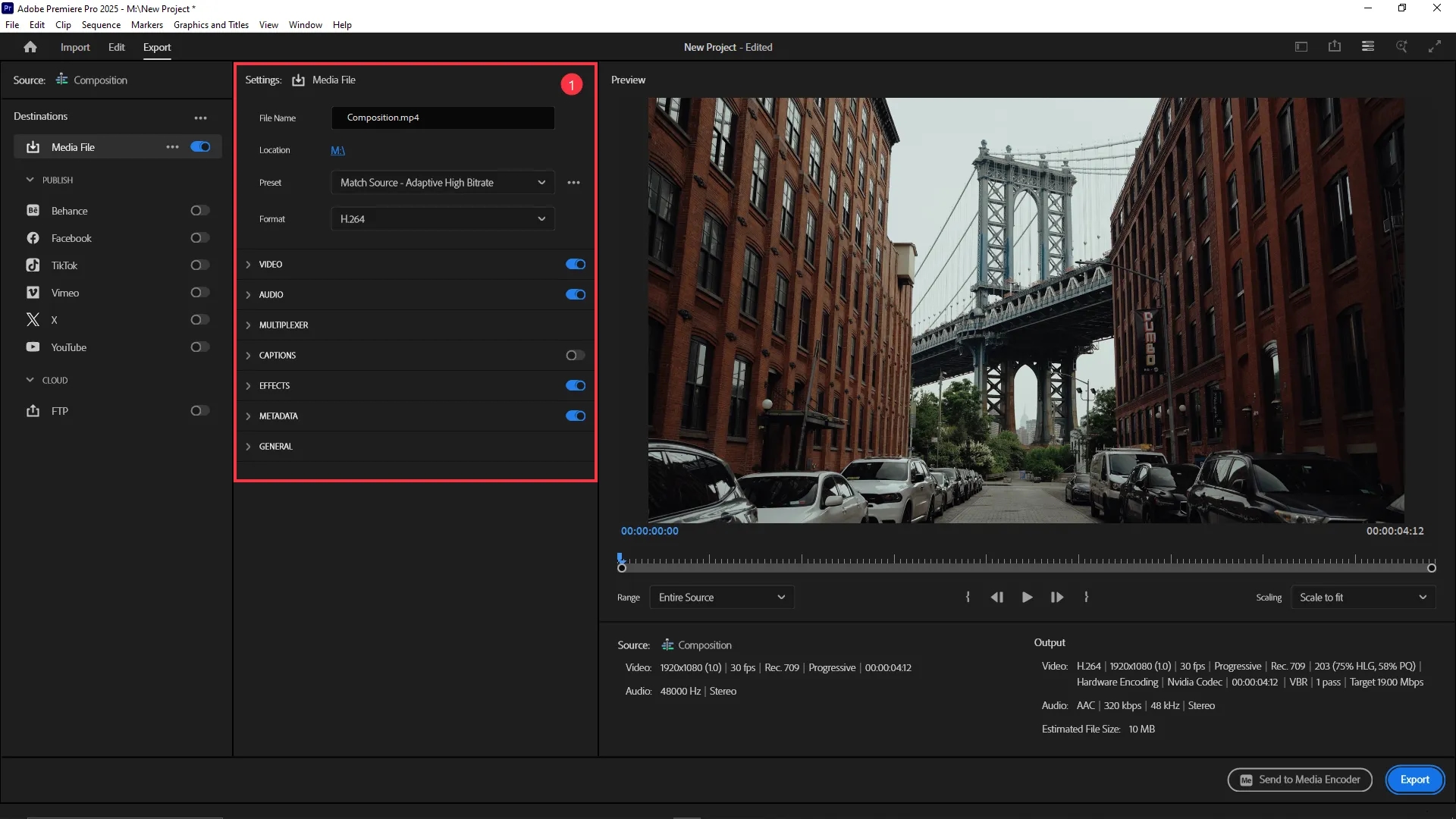 Premiere Pro export settings panel with format set to H.264, preset set to Match Source - Adaptive High Bitrate, and file name and location fields visible on the left.