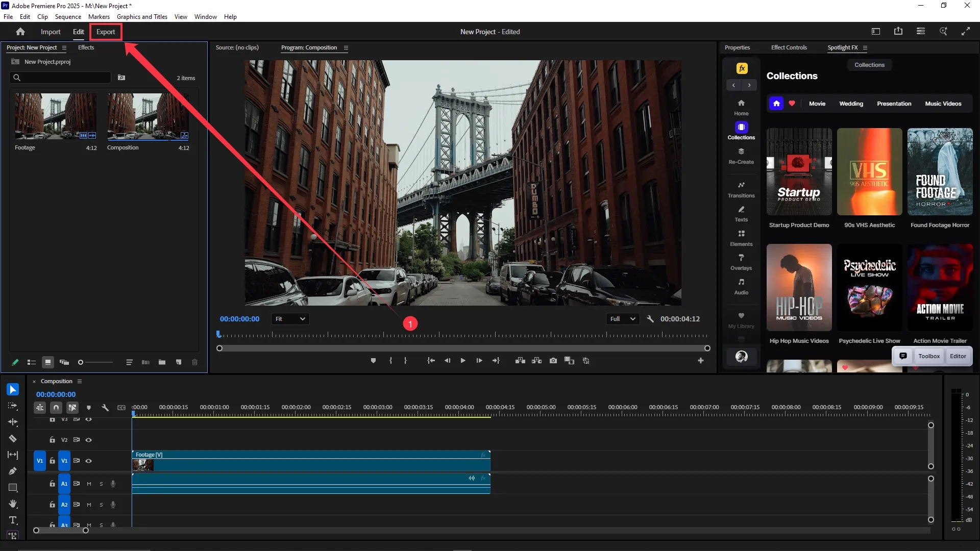 Premiere Pro interface with the Export tab highlighted at the top center, showing the timeline with a video clip, program monitor, and project panel on the left.