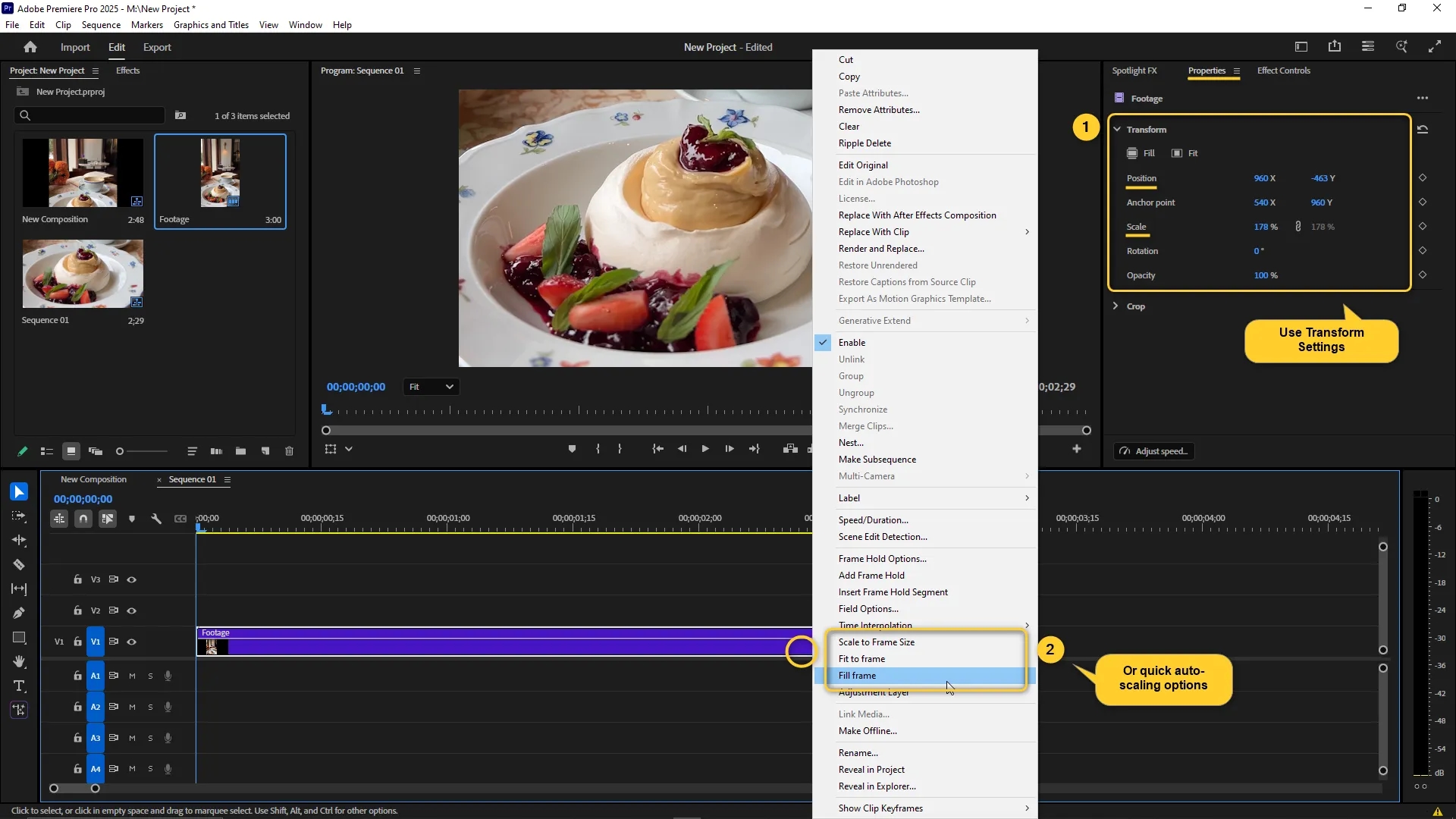 Timeline clip in Adobe Premiere Pro with right-click menu open showing options Scale to Frame Size, Fit to Frame, and Fill Frame, and the Properties panel displaying transform settings.