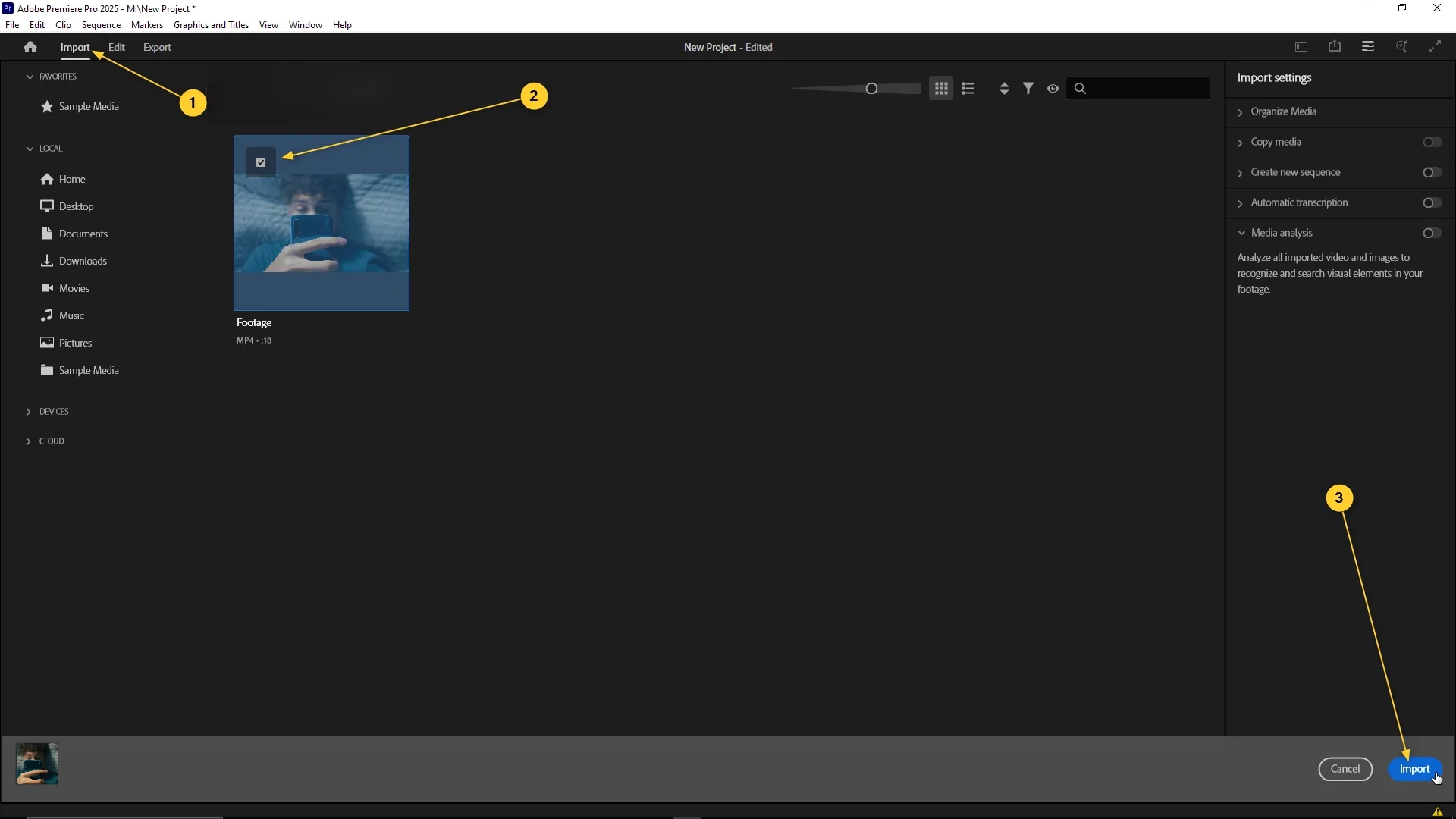 Premiere Pro Import workspace with a video file selected from the local directory and the Import button highlighted in the lower right corner.
