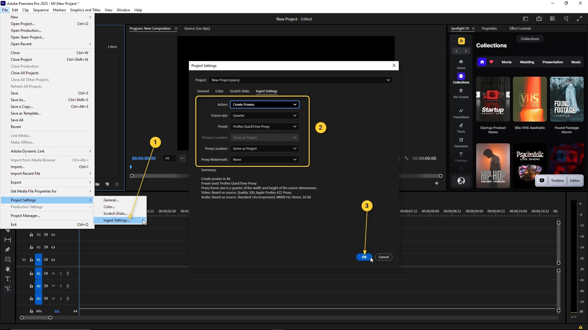 Premiere Pro interface showing the File menu open with Project Settings selected and the Ingest Settings tab active in the Project Settings window, where proxy creation options like frame size and preset are configured.
