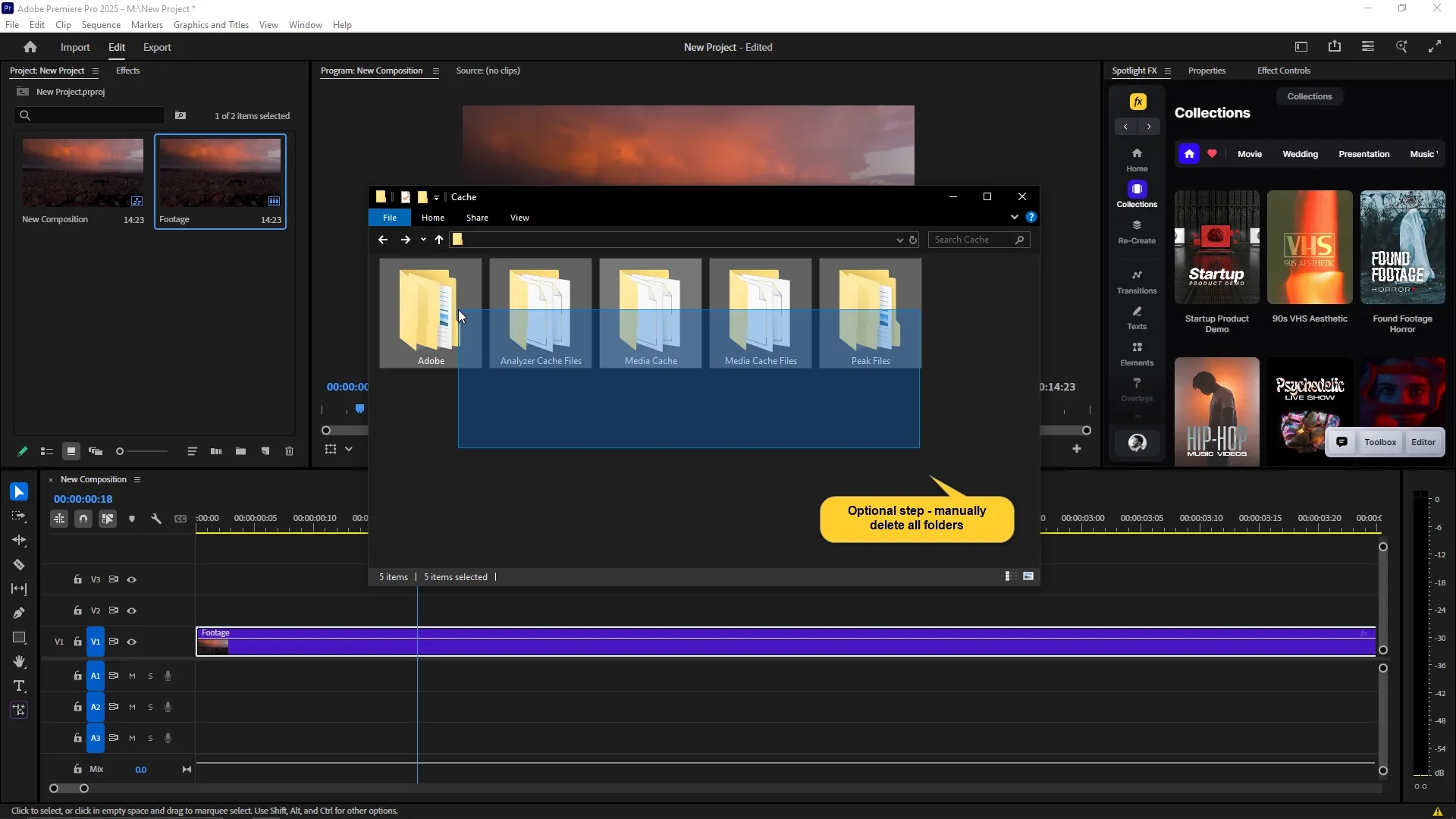 File Explorer window open inside Premiere Pro showing the Cache folder with multiple media cache-related folders selected for manual deletion.