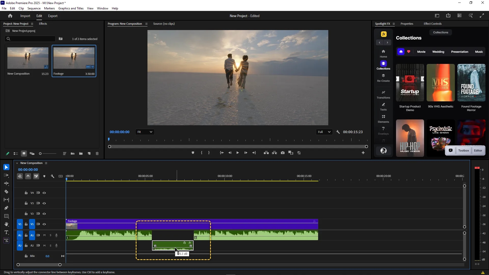 Timeline panel with a selected audio segment being dragged downward to a lower track, showing it separated from the original audio and video clips.