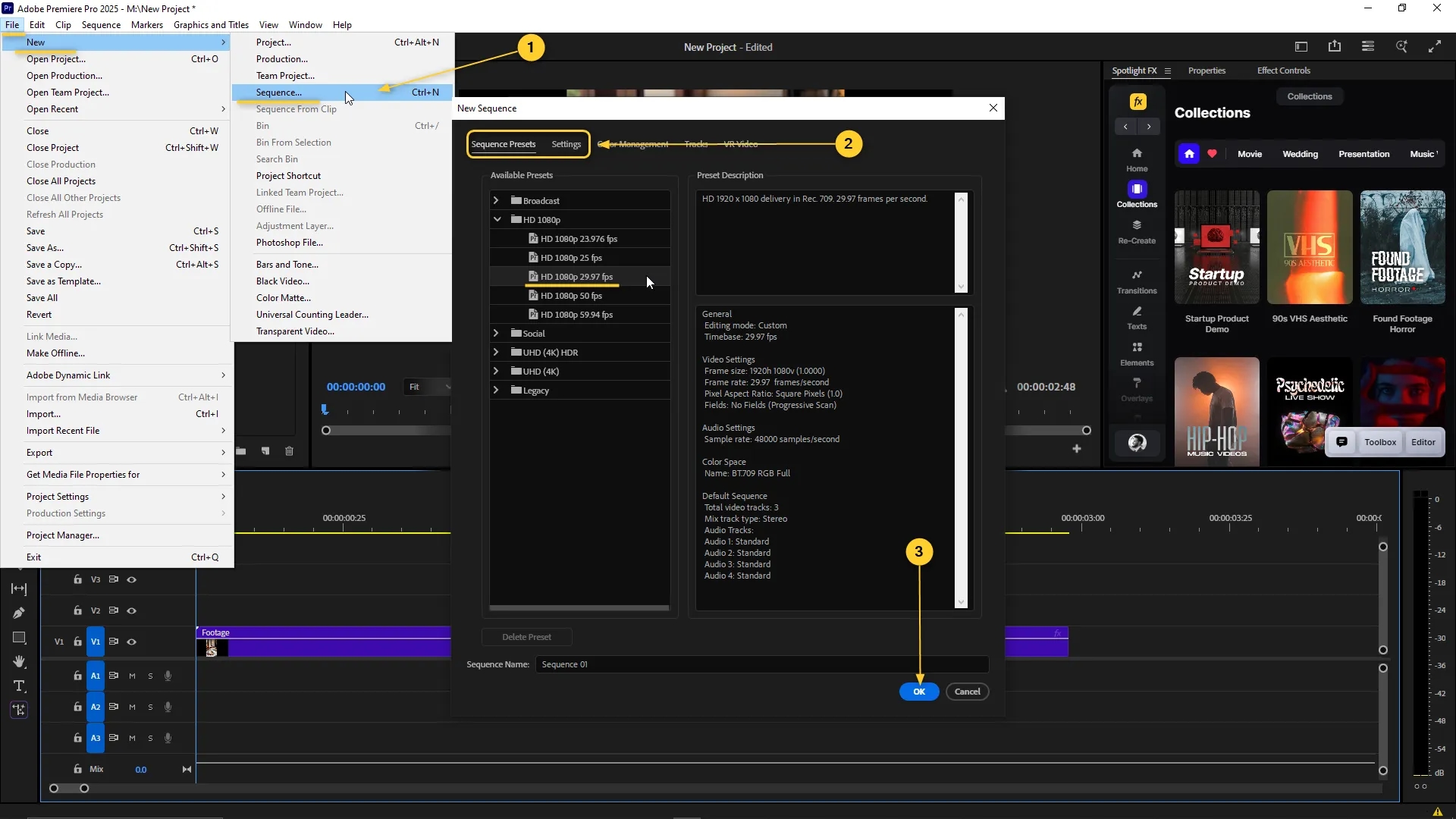 New Sequence window open in Adobe Premiere Pro with the File menu expanded, showing HD 1080p preset selected and OK button highlighted.
