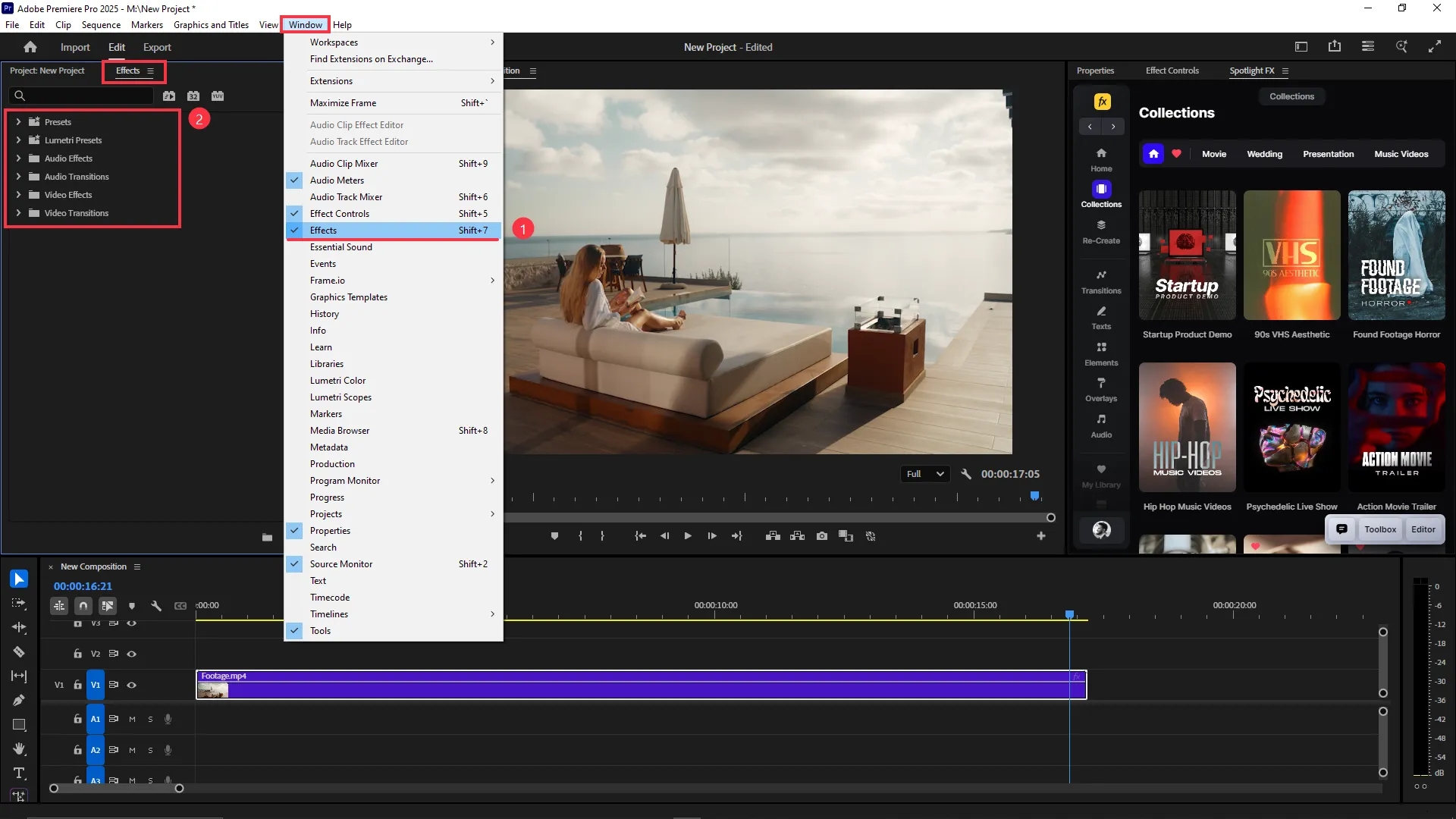 The Effects panel is open in Adobe Premiere Pro, showing categories like Lumetri Presets, Audio Effects, Audio Transitions, Video Effects, and Video Transitions. The Window menu is expanded with the "Effects" option highlighted.