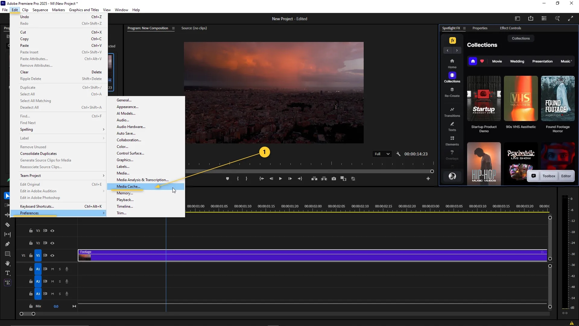 The Edit menu is open in Adobe Premiere Pro with the Preferences submenu expanded, and the Media Cache option is highlighted.