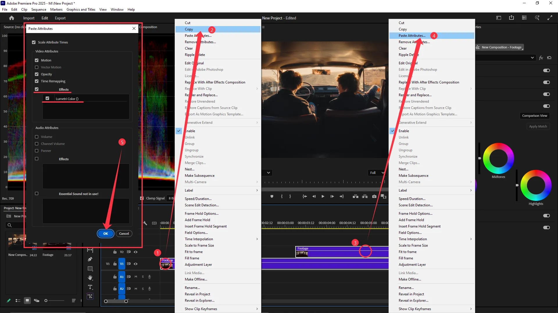 The Paste Attributes window is open with Lumetri Color selected under video effects, alongside context menus showing the Copy and Paste Attributes options applied to clips on the timeline.