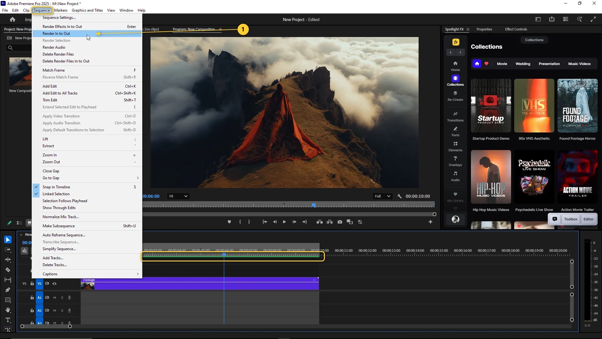 Premiere Pro interface with the Sequence menu open and the "Render In to Out" option highlighted above a timeline with a selected in and out range.