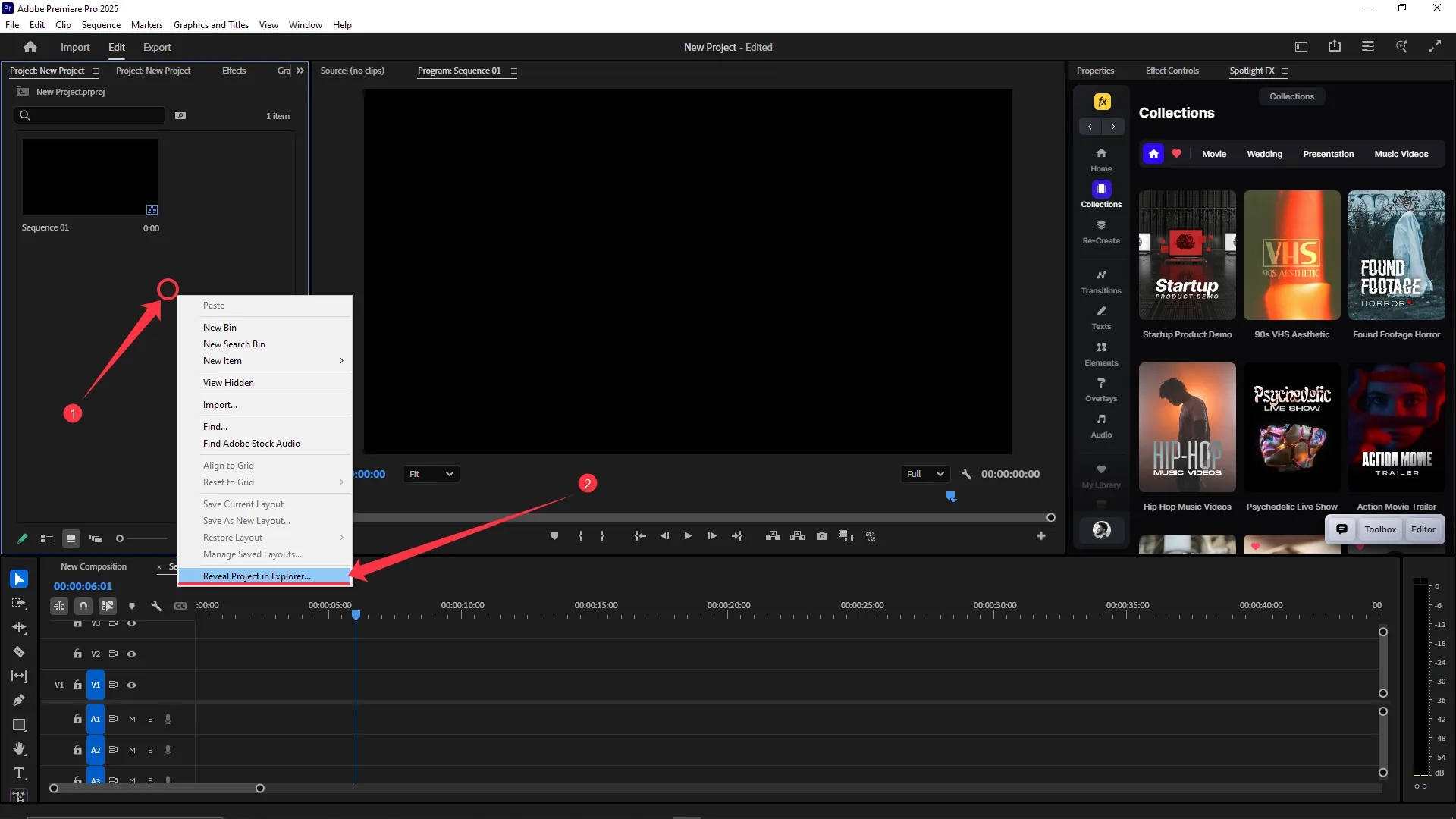 Project panel in Premiere Pro with right-click context menu open, showing the option "Reveal Project in Explorer" selected
