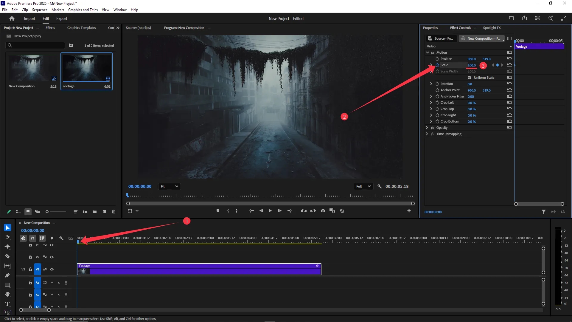 The Effect Controls panel shows a keyframe added for the Scale property at the beginning of the timeline, with the scale value set to 100.0 and the playhead positioned at the start of the clip.