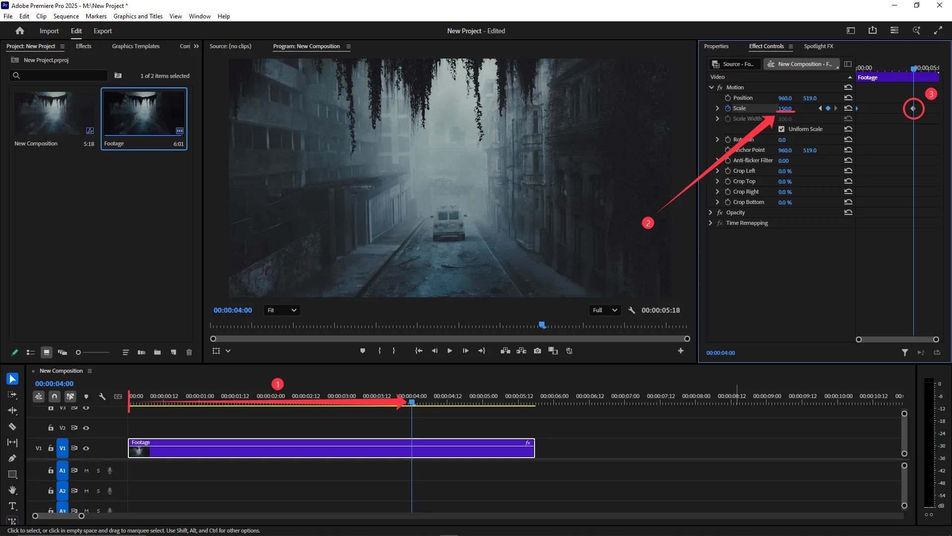 The playhead is moved to the 4-second mark in the timeline and a second keyframe is added for the Scale property in the Effect Controls panel with the value increased to 150.0.
