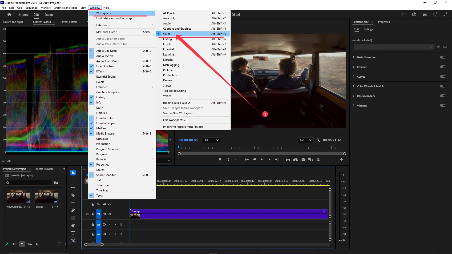 The Window menu is open in Premiere Pro with the Workspaces submenu expanded and the Color workspace option highlighted, while the Lumetri Color panel is visible on the right and a video clip is placed on the timeline.