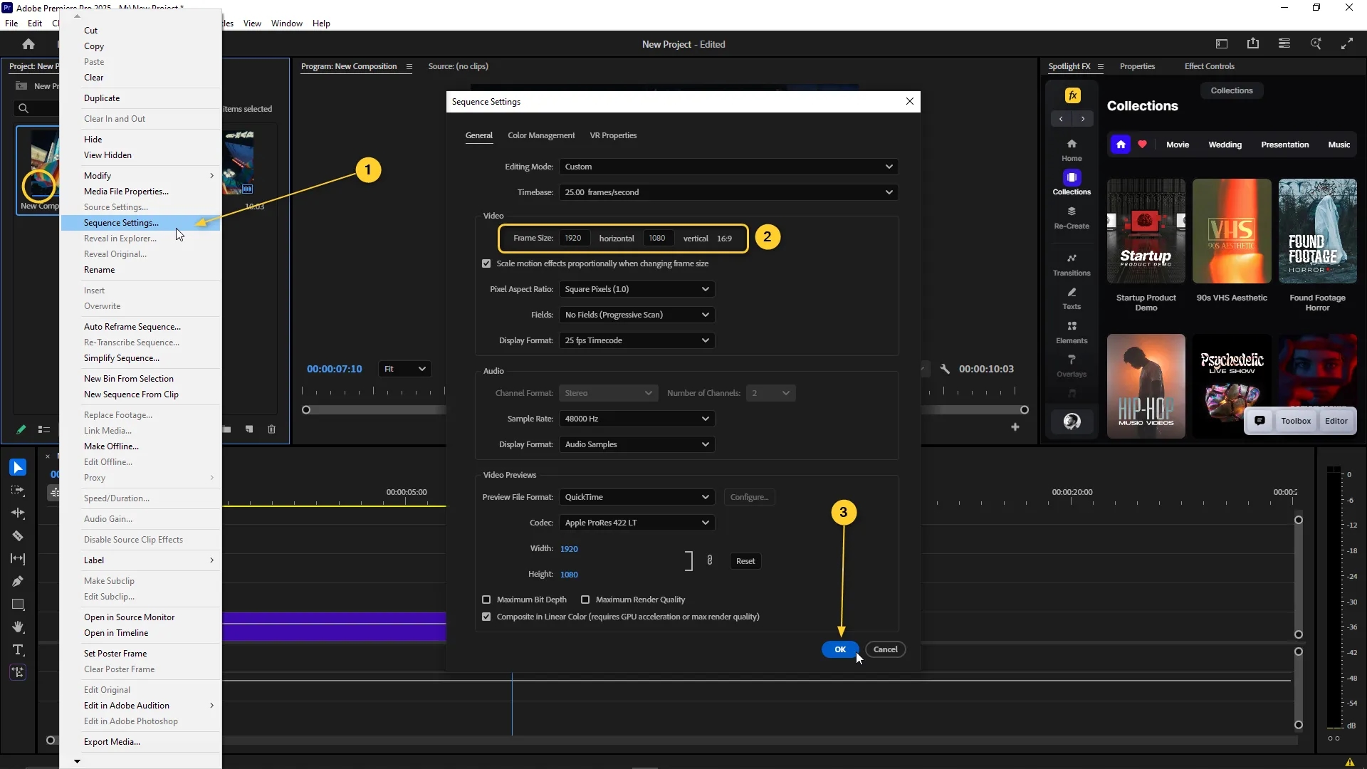 Sequence Settings window open in Premiere Pro showing frame size set to 1920 by 1080, accessed from the right-click menu on a sequence in the Project panel.