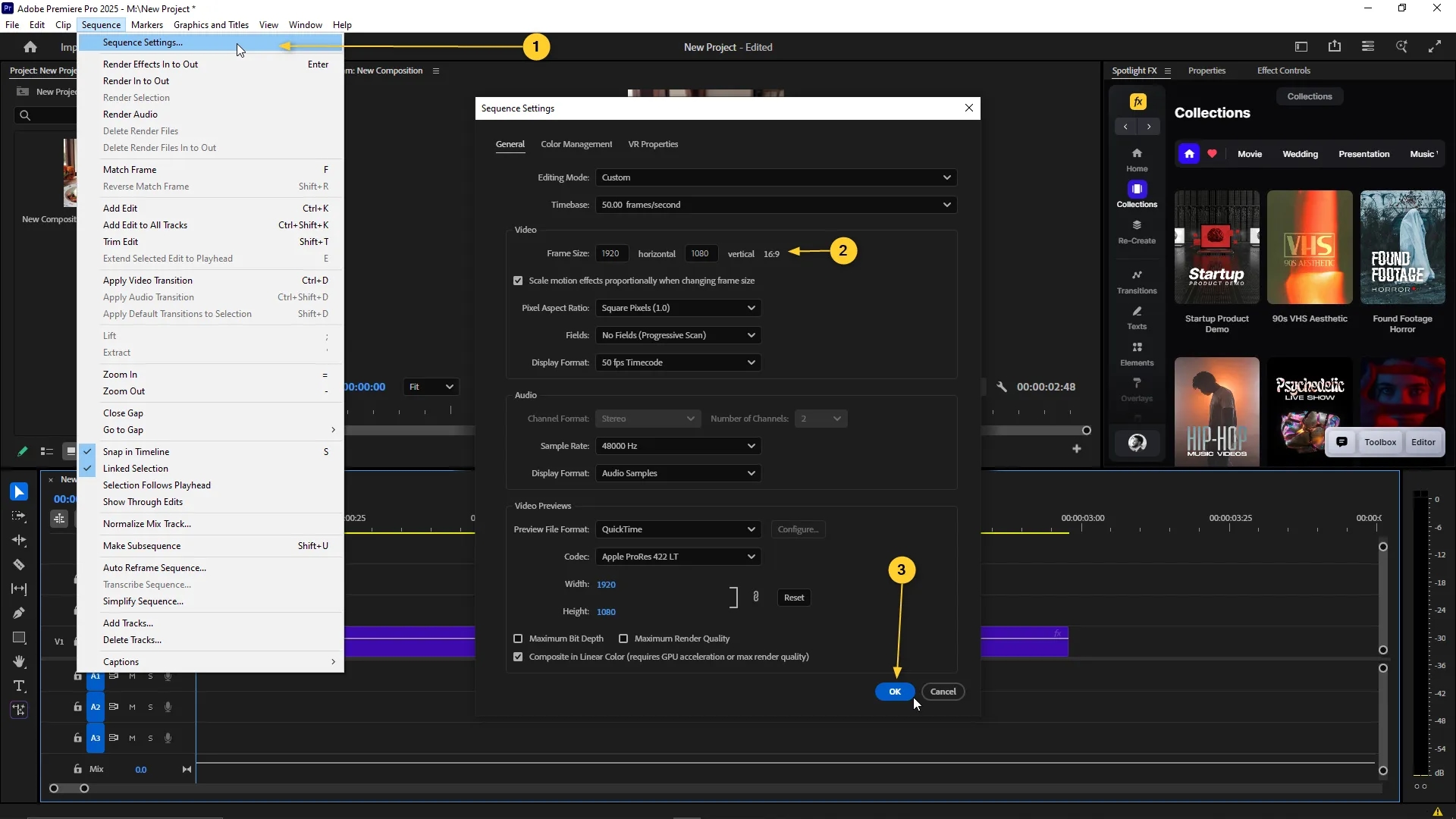 Sequence Settings window open in Adobe Premiere Pro with the Sequence menu expanded, showing frame size fields set to 1920 by 1080 and the OK button highlighted.