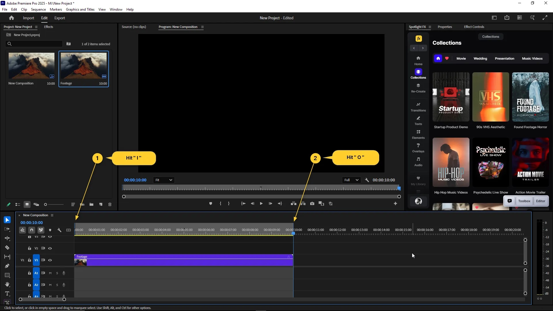 Premiere Pro interface showing a timeline with a purple video clip, with in and out points marked using the "I" and "O" keyboard shortcuts.