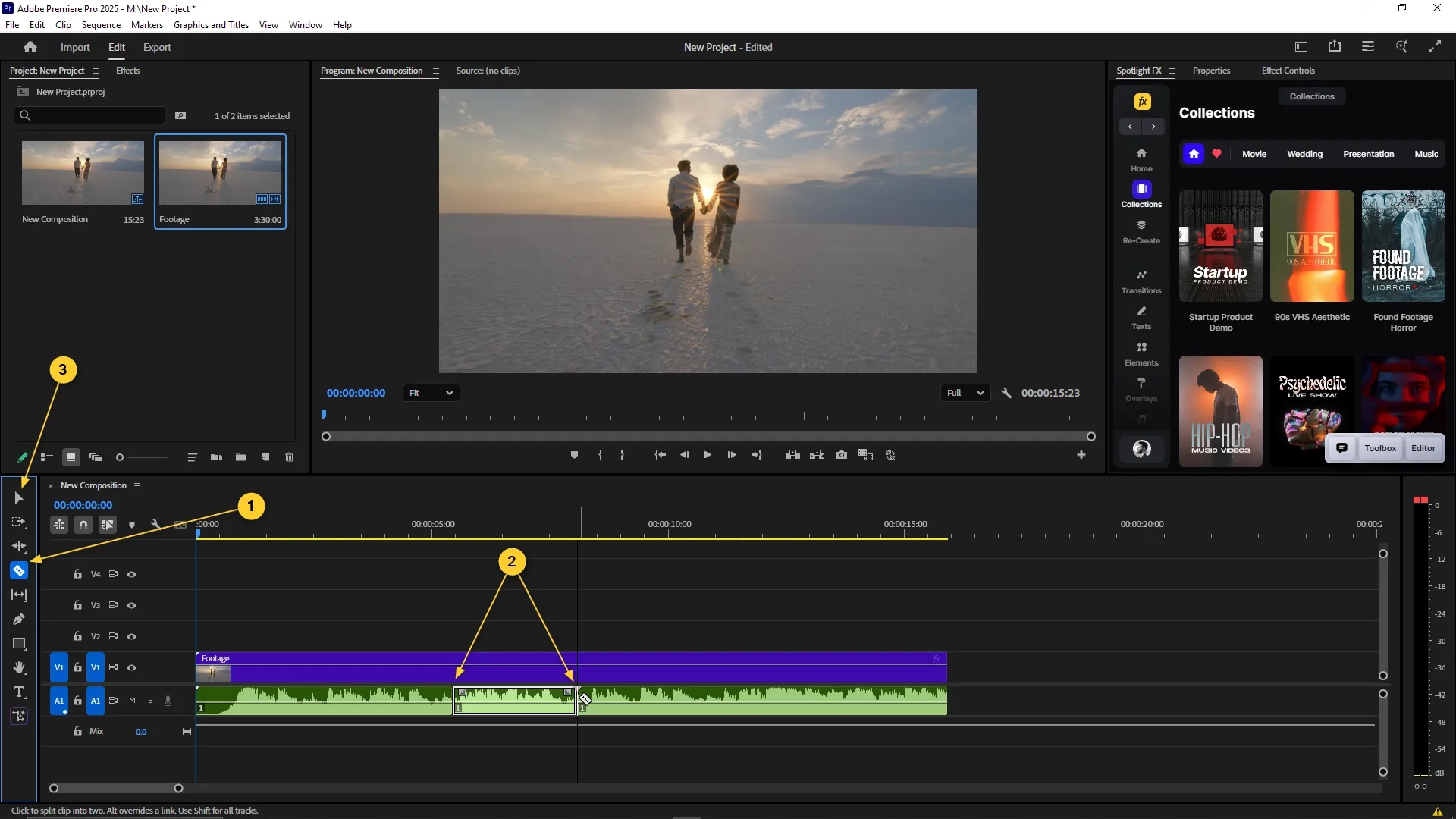 Timeline panel with the razor tool selected and used to split the unlinked audio clip into two separate segments below the video track.