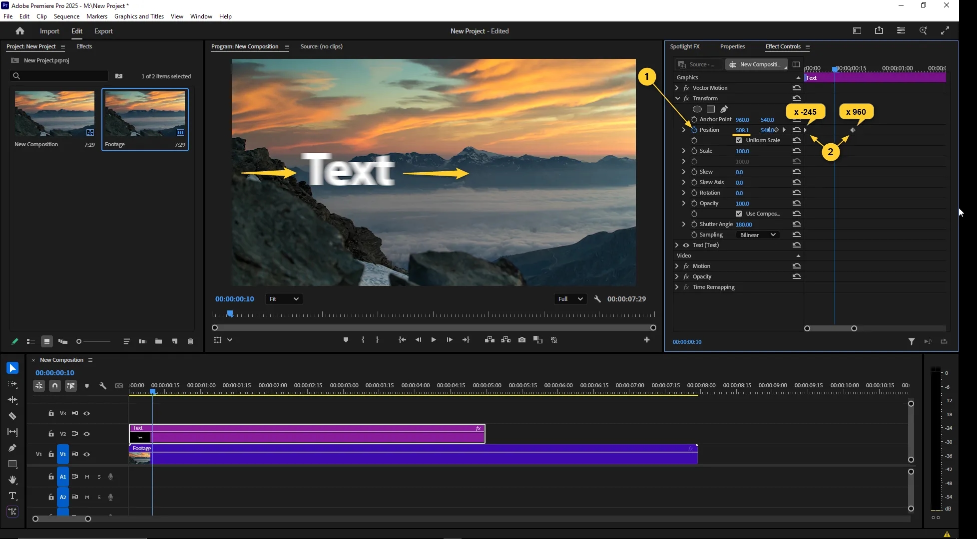 Position keyframes set in the Effect Controls panel for a text layer, showing horizontal movement from left to center using the Transform effect.