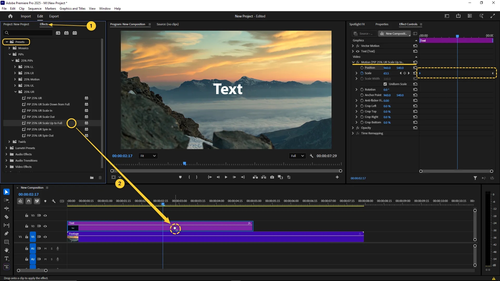 Preset effect "PIP 25% UR Scale Up to Full" dragged onto a text layer in the timeline, with position and scale keyframes visible in the Effect Controls panel.