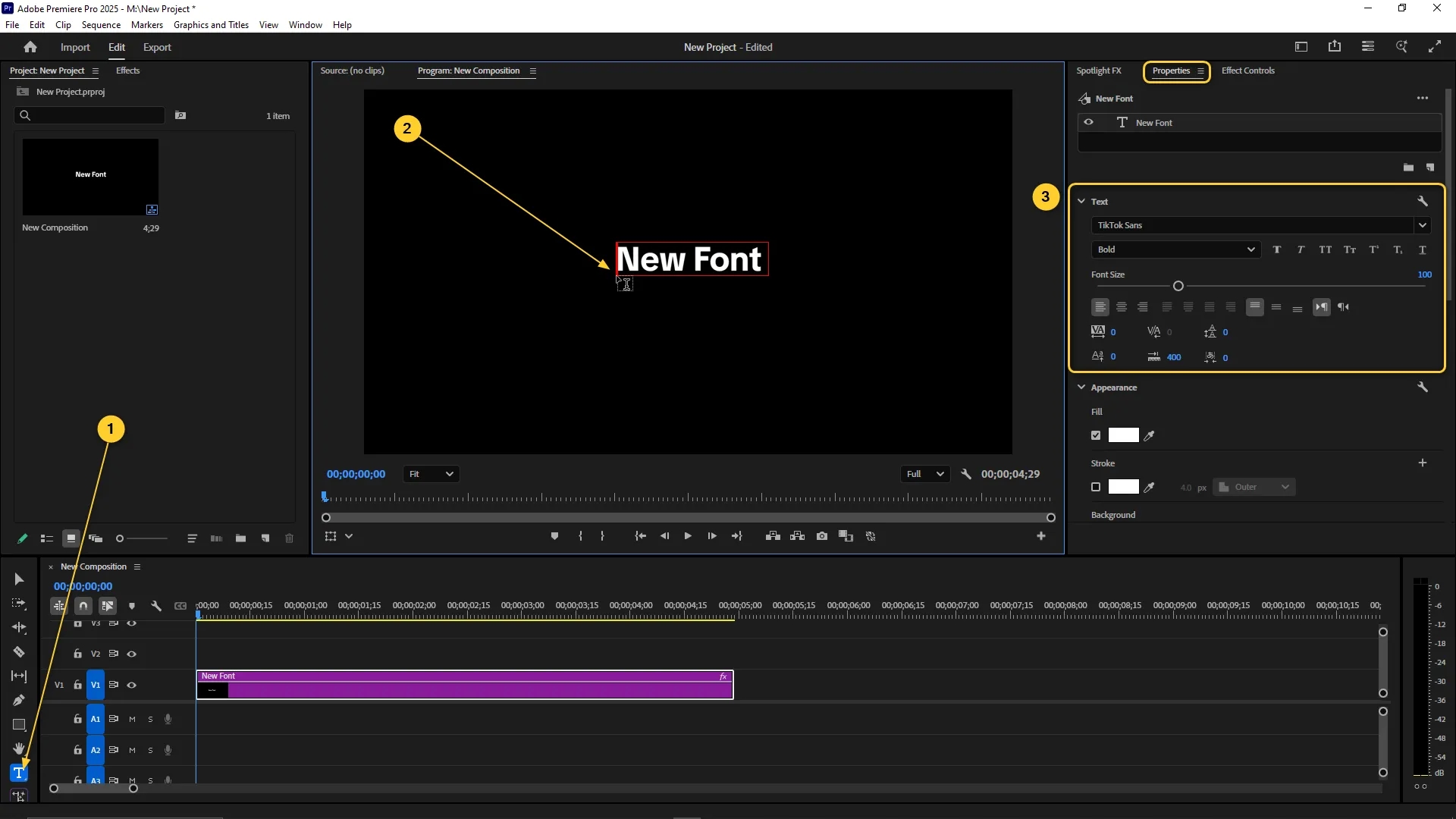 Premiere Pro interface with a text layer selected in the timeline, "New Font" displayed in the program monitor, and the Properties panel showing font settings including TikTok Sans.