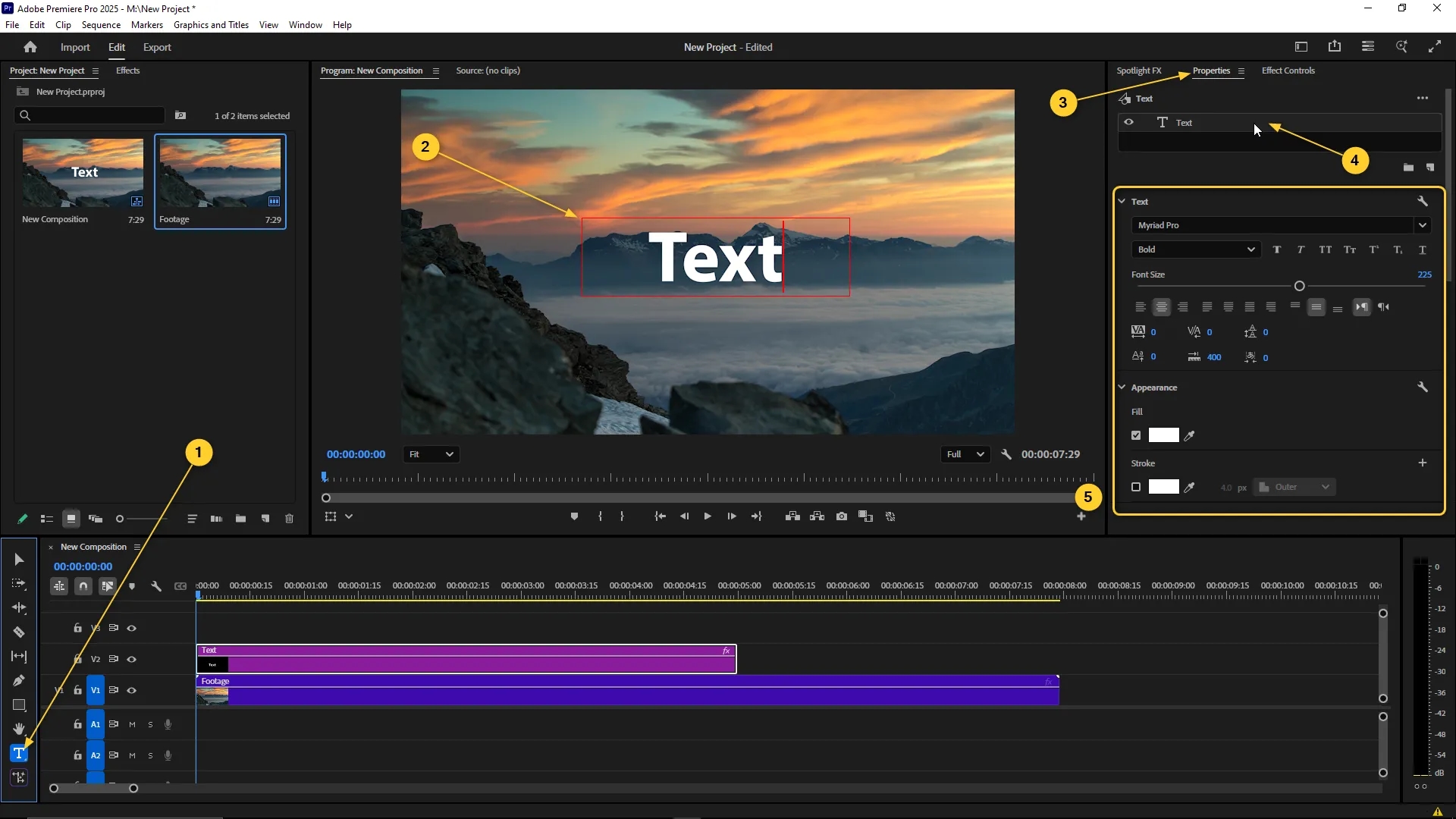 Text tool selected in the toolbar, with a text layer added over video footage in the Program Monitor, and text properties such as font, size, fill, and stroke visible in the Properties panel.