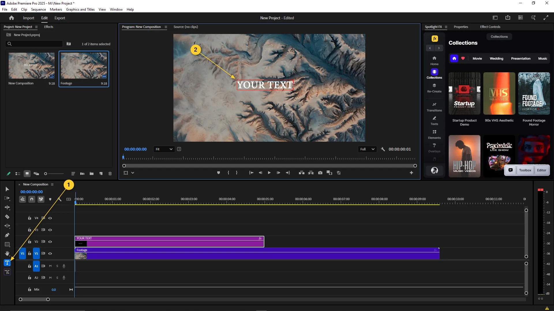 Text tool selected in the toolbar with a text layer labeled "YOUR TEXT" placed above a video clip in the timeline and visible in the Program Monitor.