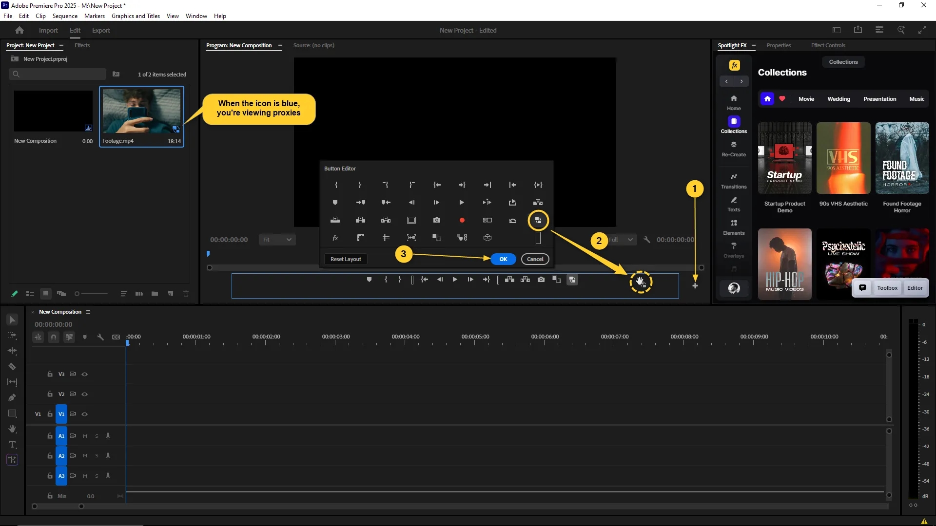 Premiere Pro interface with the Program Monitor's button editor open and the Toggle Proxies button being added to the toolbar, indicating proxy view status when active.