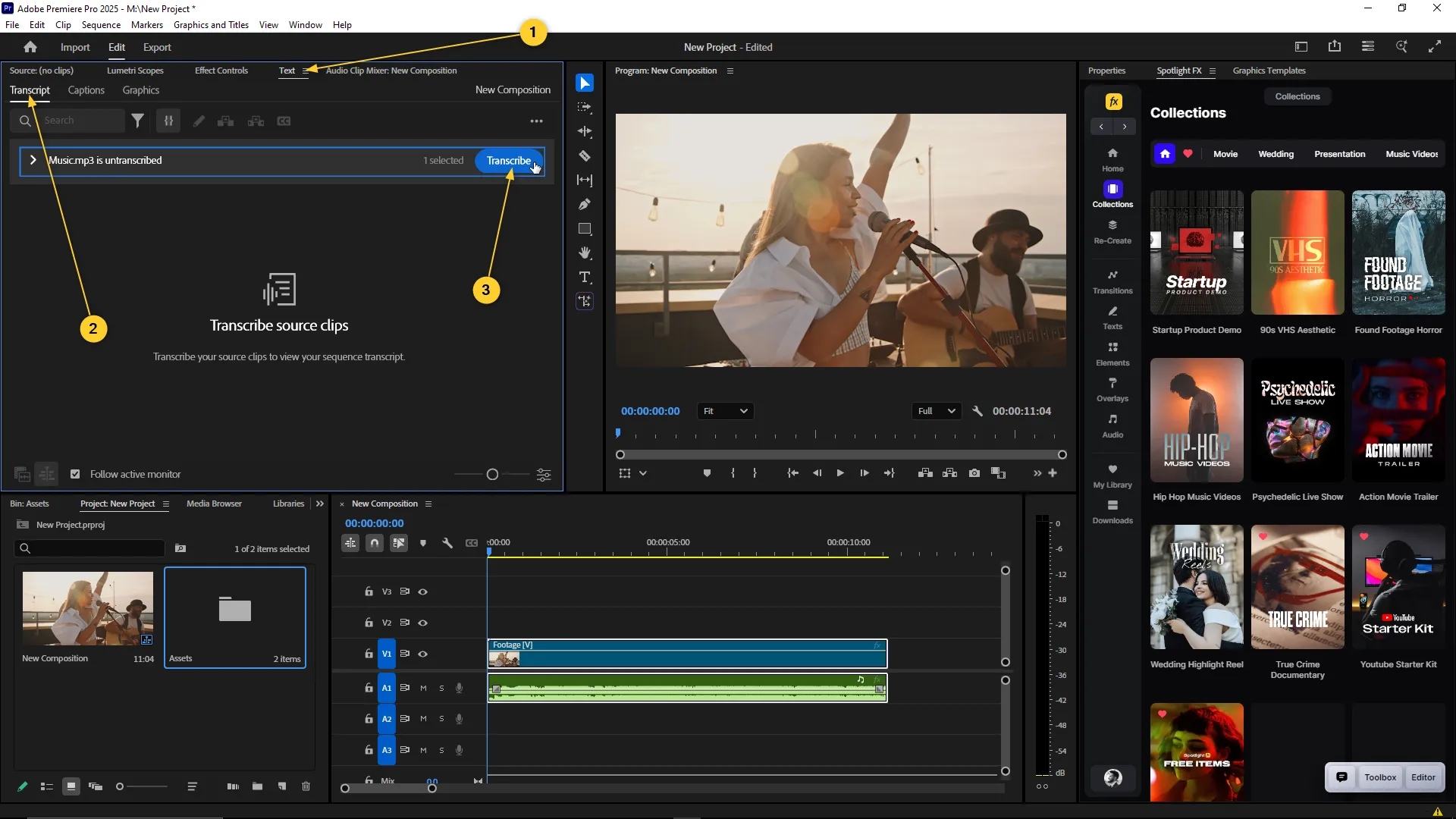 Transcript panel in Premiere Pro with an audio clip marked as untranscribed and the Transcribe button highlighted above the timeline.