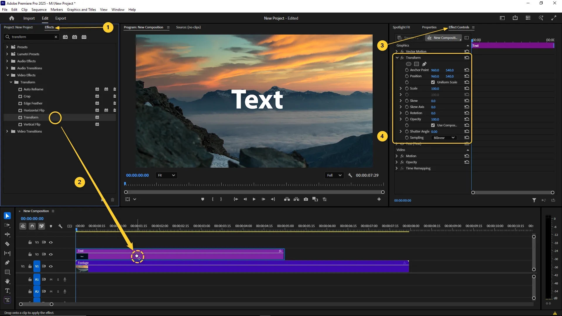 Transform effect dragged from the Effects panel onto a text layer in the timeline, with Transform properties like position, scale, and rotation visible in the Effect Controls panel.