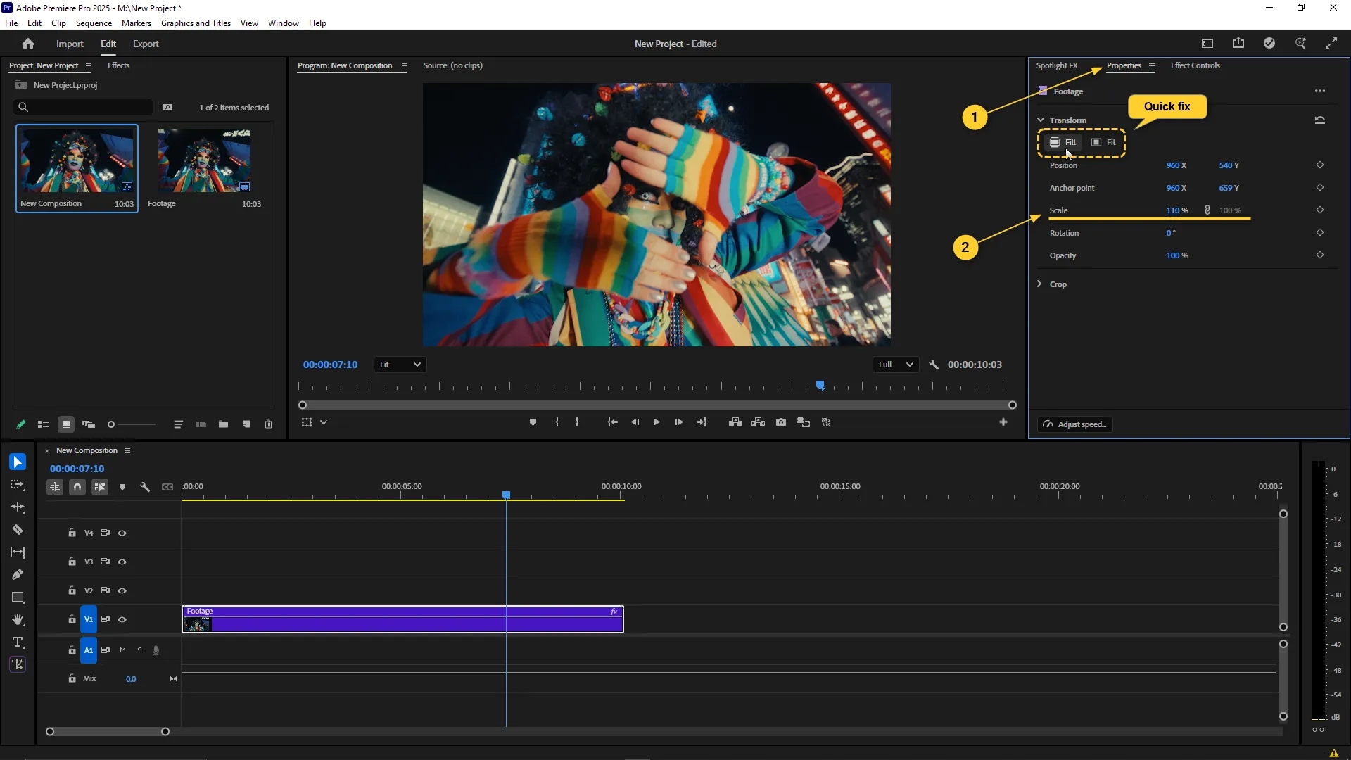 Timeline with a single video clip selected and the Program Monitor displaying the clip, while the Properties panel shows transform options including Fill, Fit, and Scale adjustment.