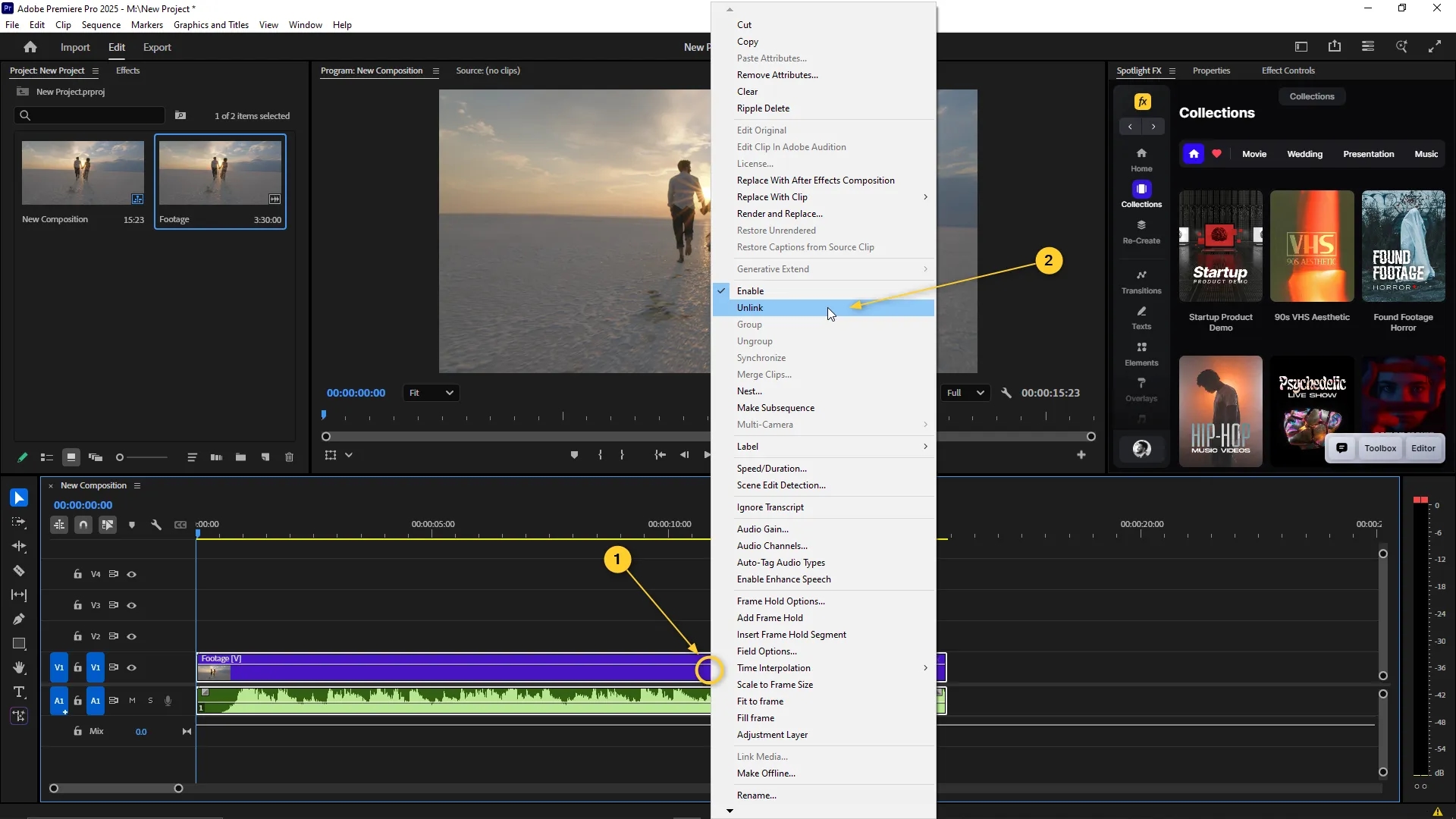 Timeline panel showing a video and audio clip selected, with a right-click context menu open and the "Unlink" option highlighted to separate audio from video.