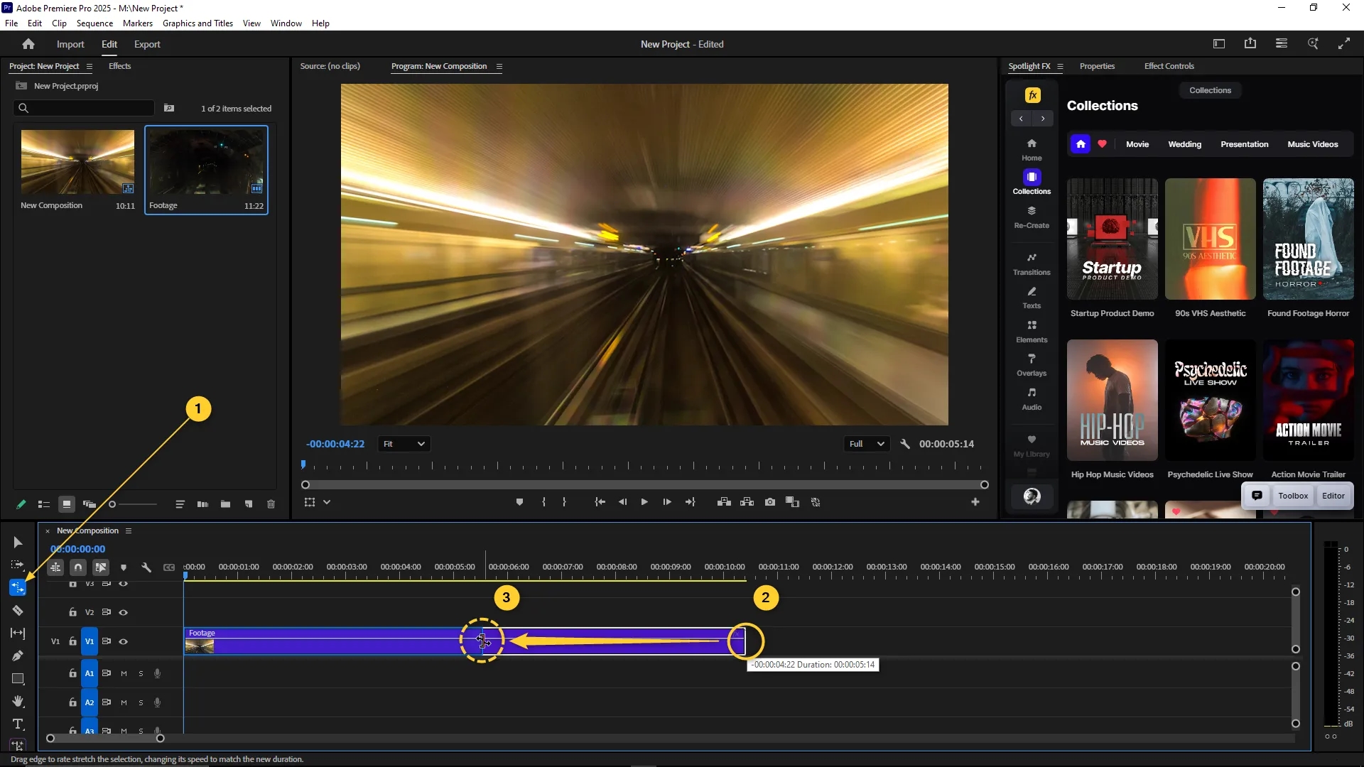 Timeline panel in Premiere Pro with a video clip selected and the Rate Stretch Tool being used to shorten the clip duration, indicating a speed increase.