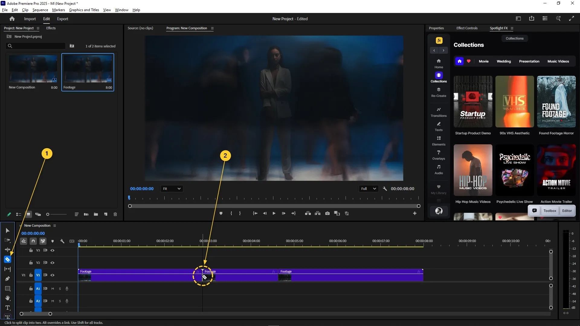 Razor Tool is selected in the toolbar and used to cut a video clip on the timeline at the playhead position.