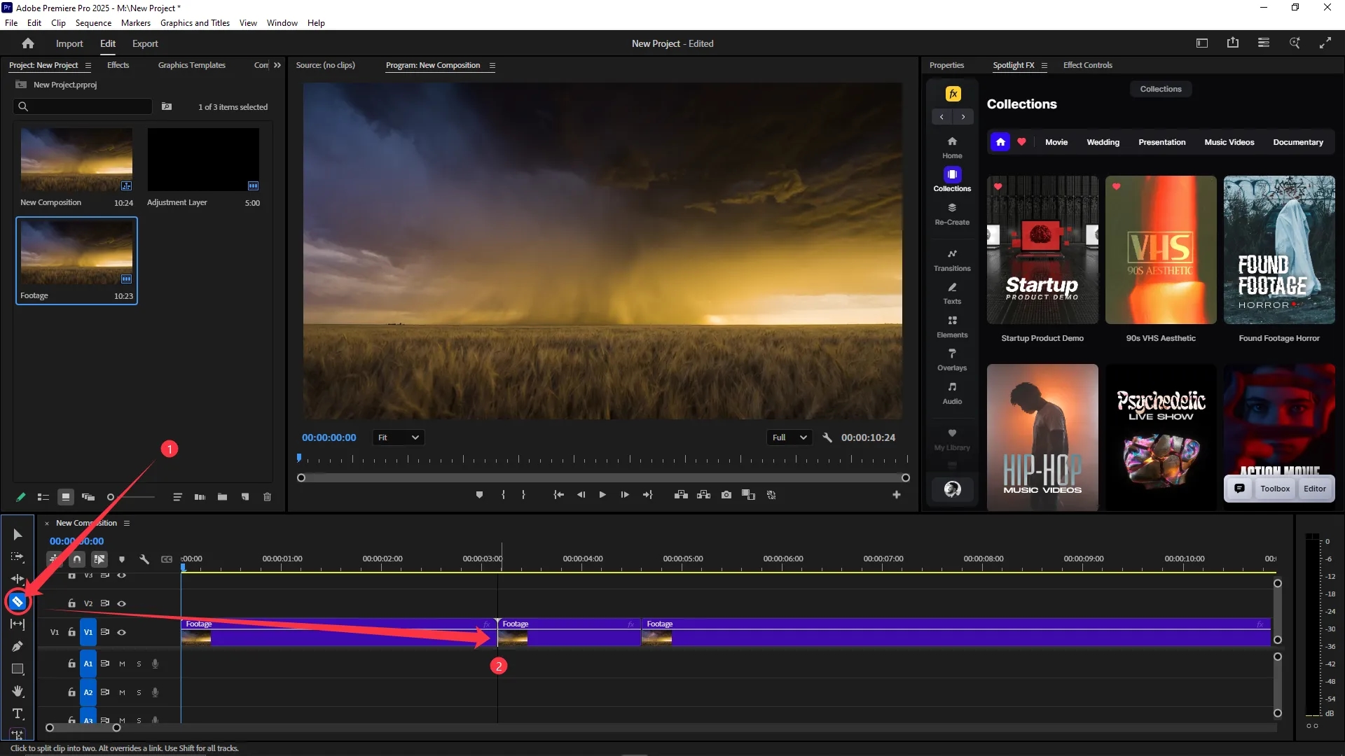 The Razor Tool is selected in the toolbar on the left side of the timeline, and a video clip on the V1 track has been split into two segments at the playhead position.