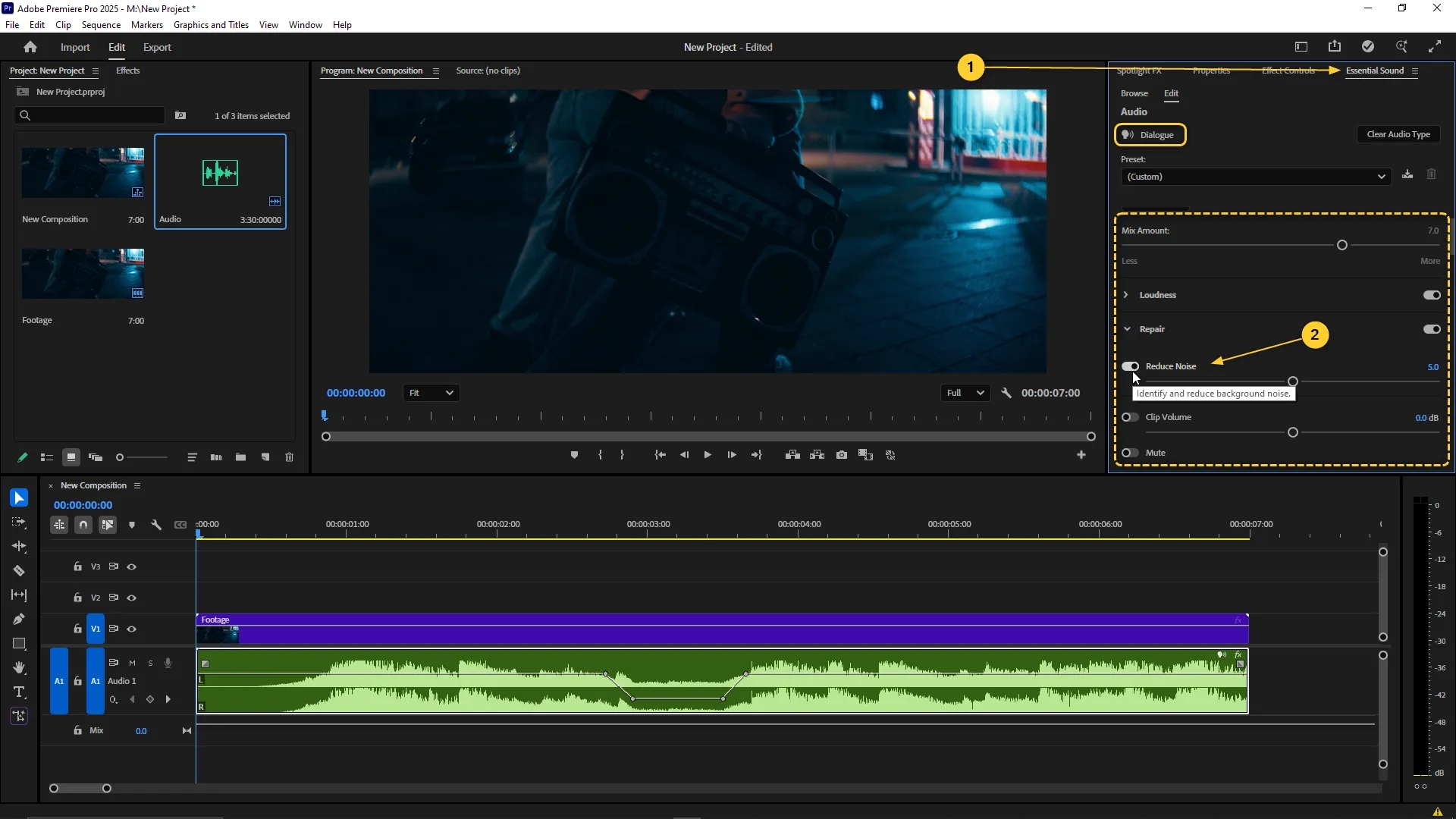 Essential Sound panel is open with the Dialogue audio type selected and the Reduce Noise option enabled to clean up background noise in the audio clip.