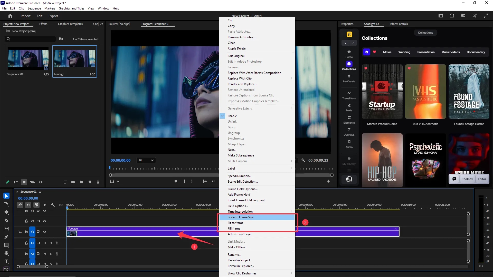 Timeline with video clip right-clicked, context menu open showing options Scale to Frame Size and Fill Frame highlighted.