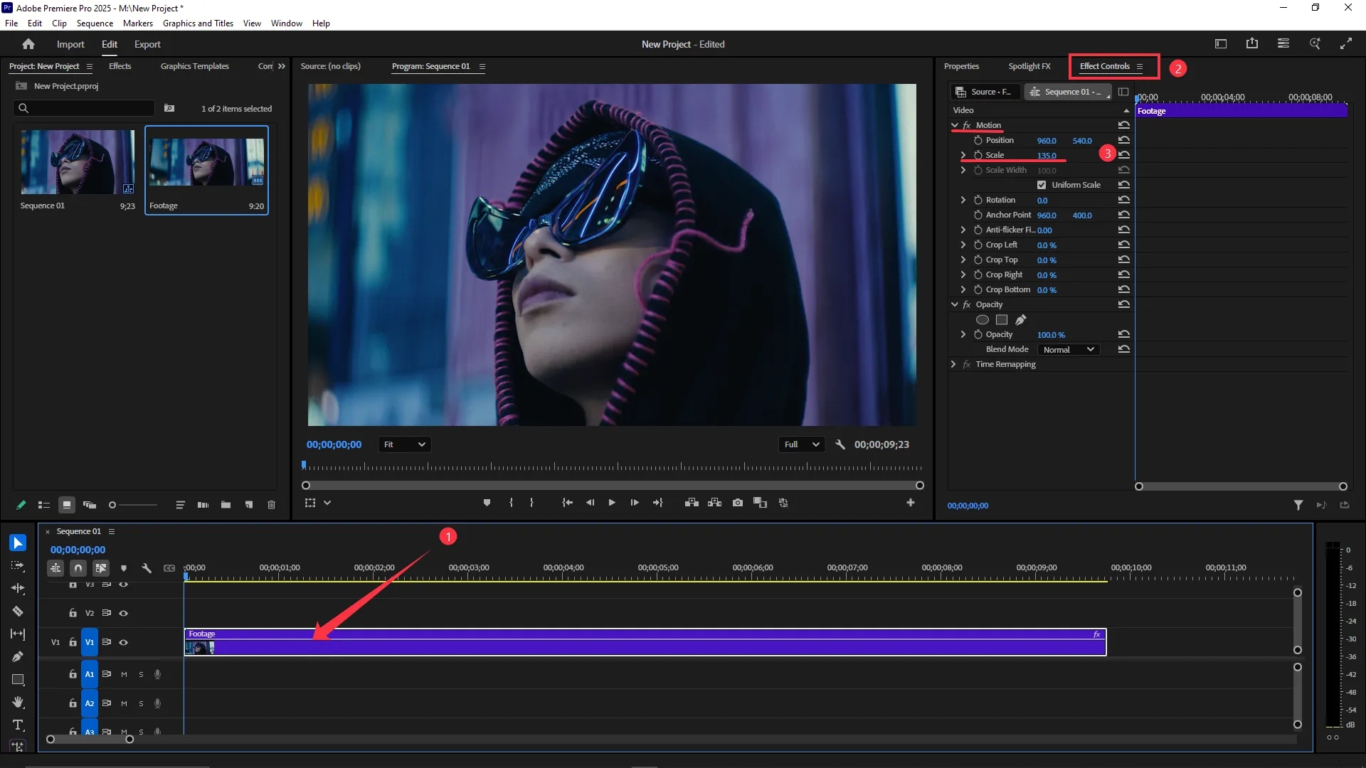 Timeline with a video clip selected, Effect Controls panel open showing Motion properties with Scale value set to 135.0.