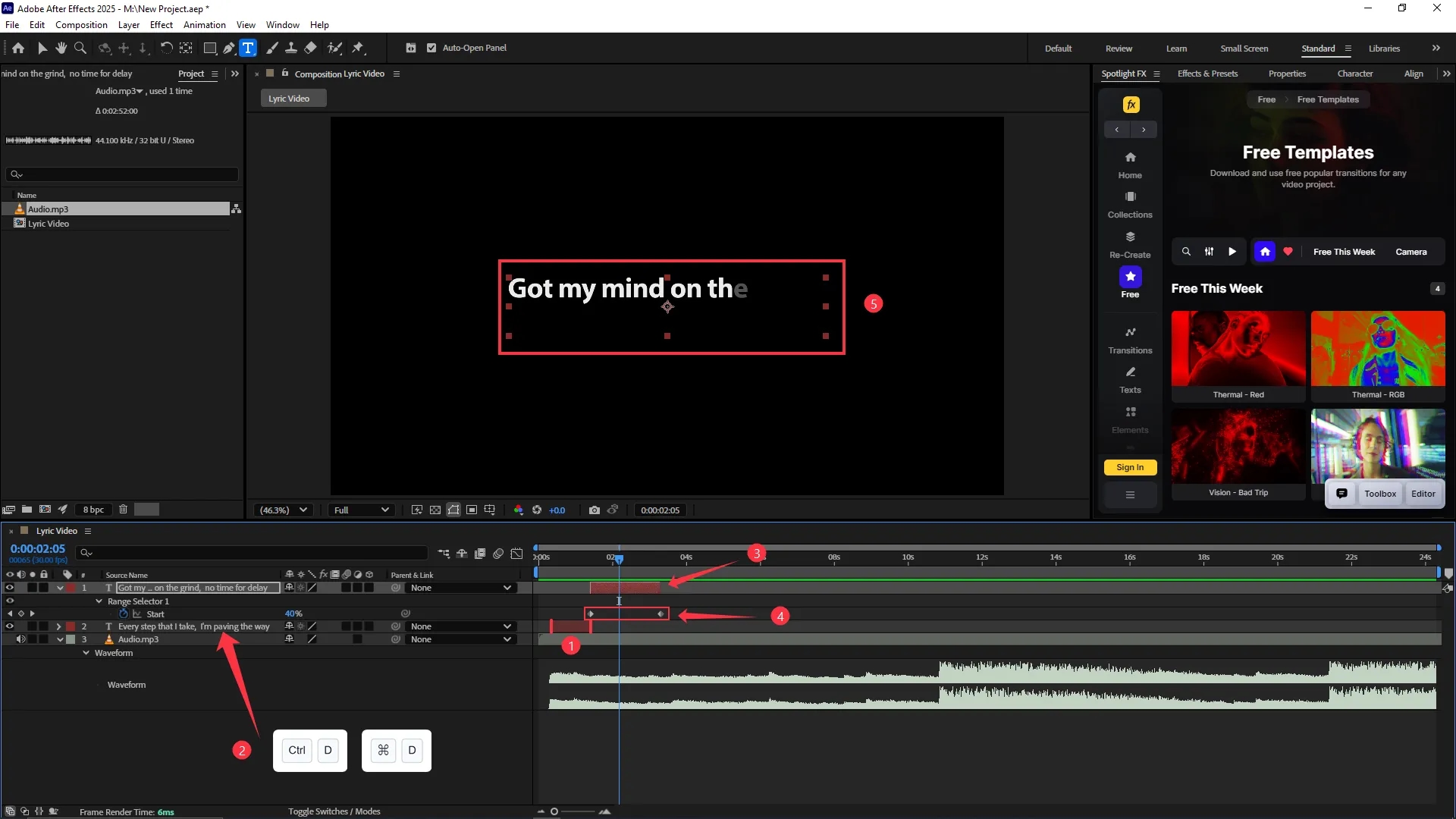 After Effects interface with a second text layer displaying partially revealed lyrics, its opacity animated using a Range Selector with keyframes visible in the timeline above the audio waveform.