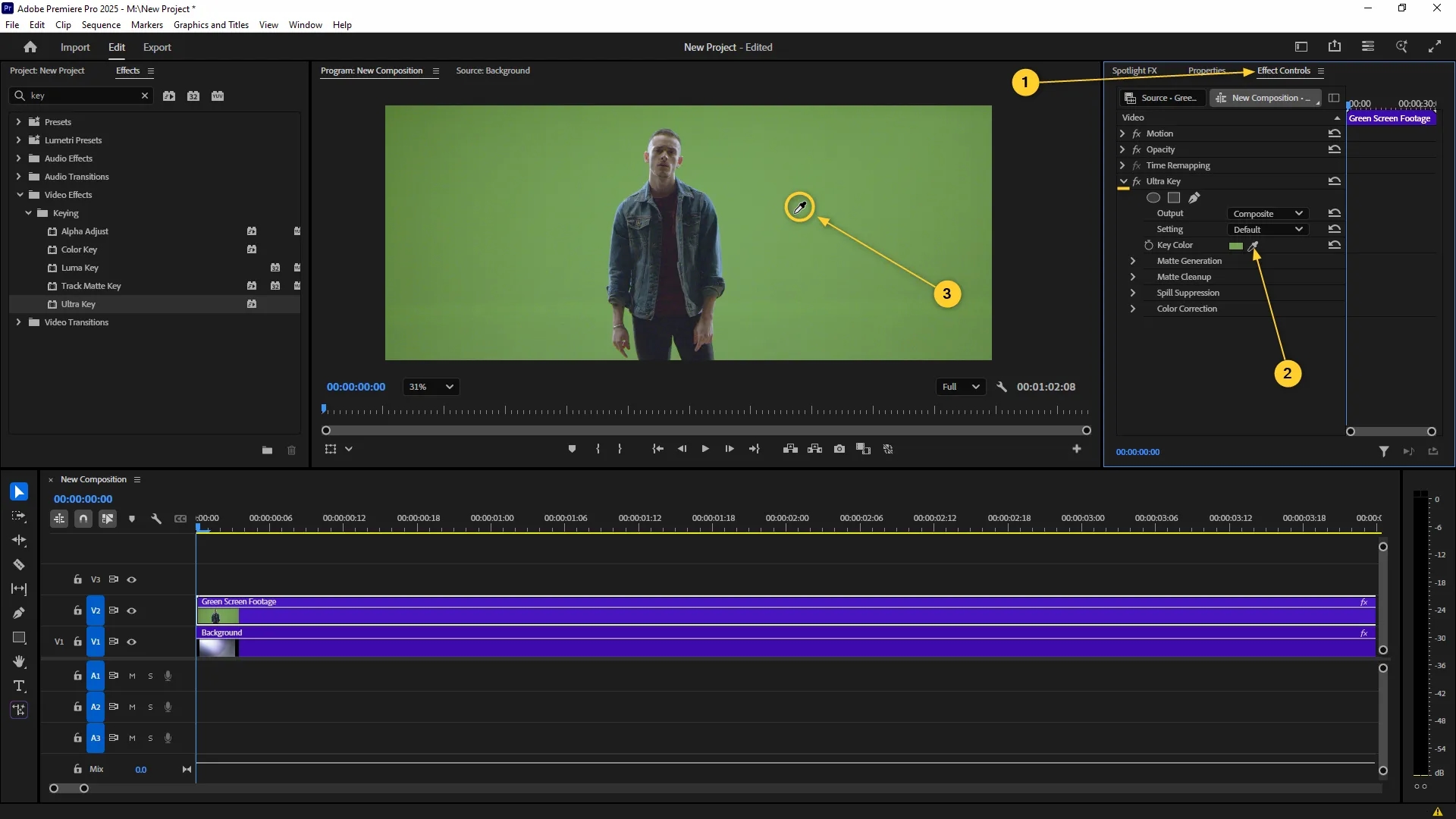 The Effect Controls panel is open with the Ultra Key effect settings expanded, showing the Key Color eyedropper tool being used to select the green background in the Program Monitor.