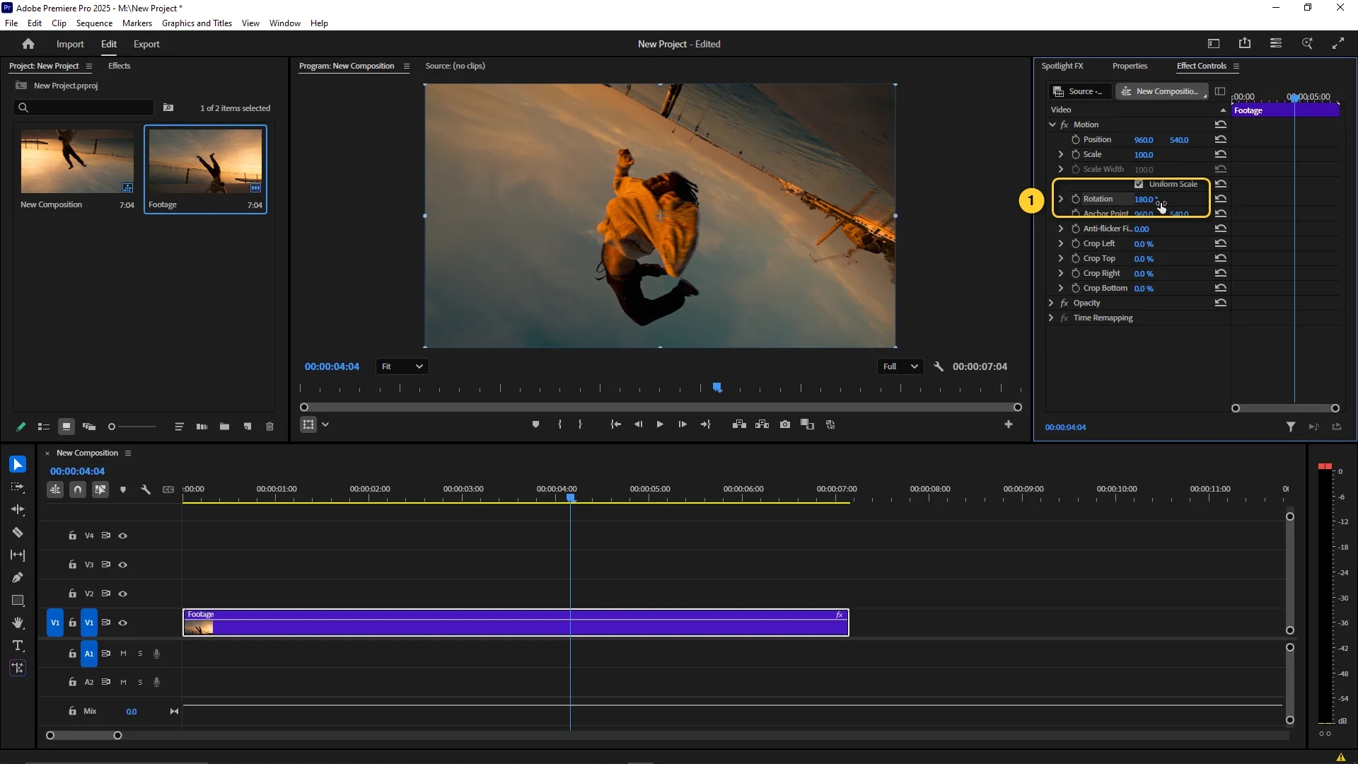 The Rotation value in the Effect Controls panel is set to 180.0 degrees, flipping the video clip upside down in the Program Monitor.