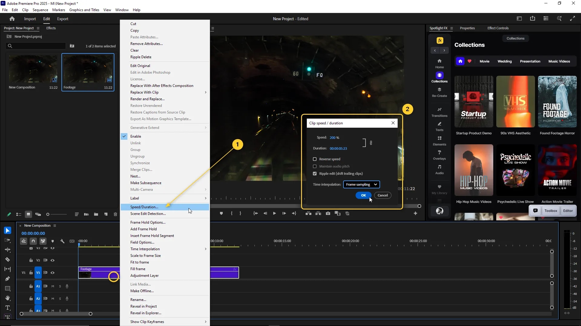 Right-click menu open on a selected clip in the Premiere Pro timeline with the "Speed/Duration" option highlighted, and the Clip Speed/Duration dialog box showing speed set to 200 percent.