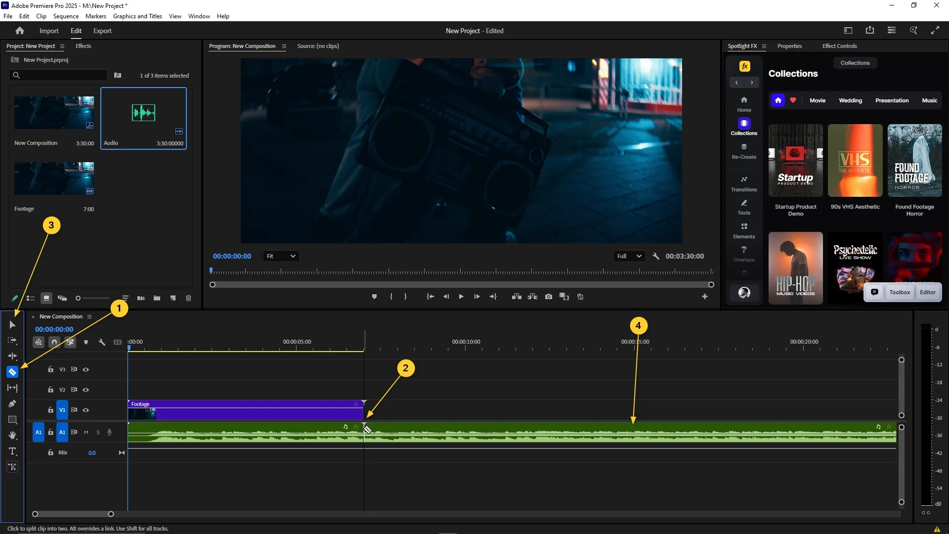 Razor tool is selected and used to split the audio clip on the A1 track in the timeline of Adobe Premiere Pro.