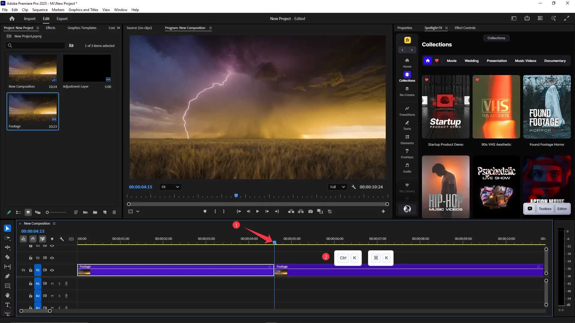 The playhead is positioned at the 4-second mark on the timeline, and the video clip on the V1 track is split using the Ctrl+K keyboard shortcut.