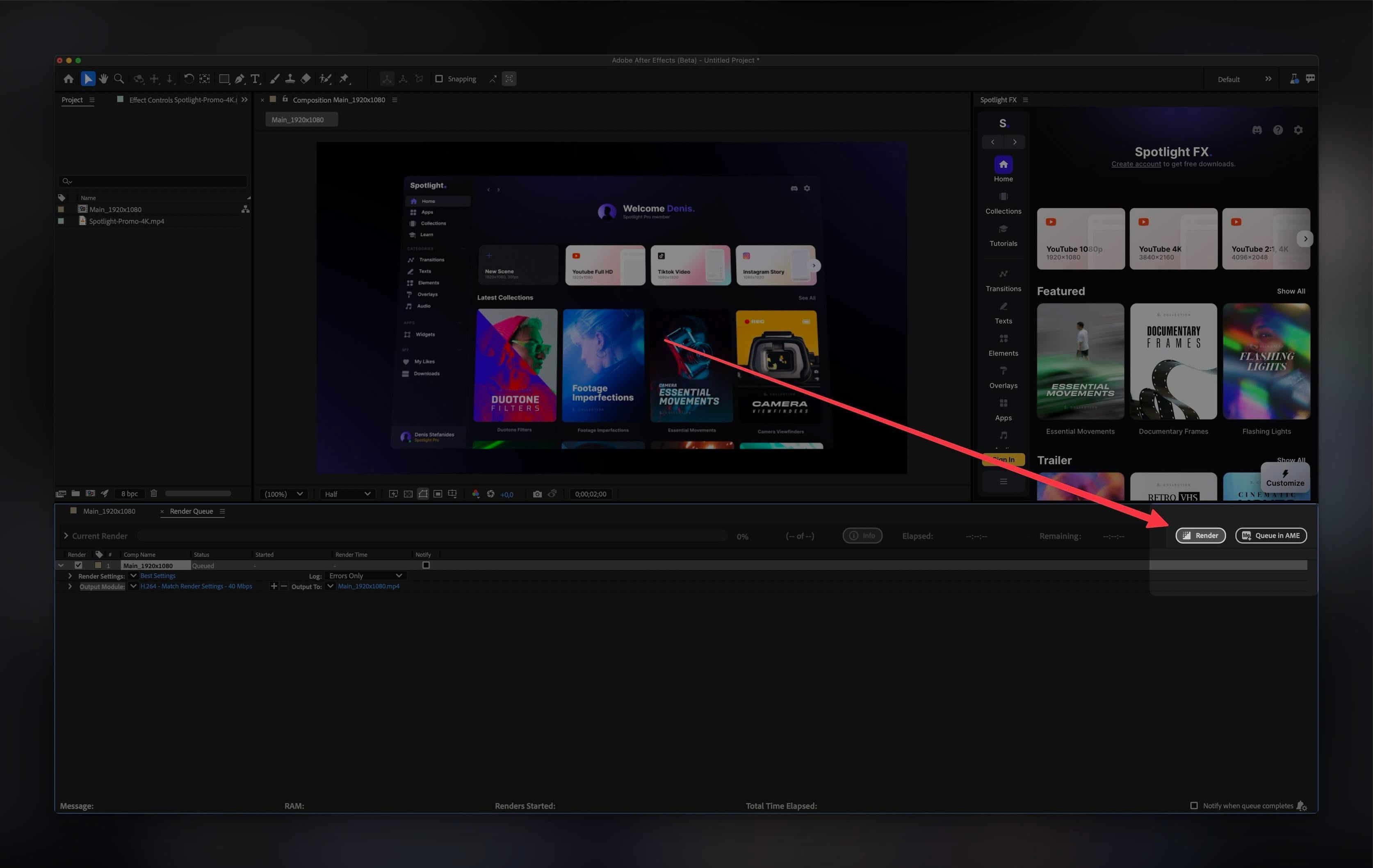 Starting the render process in After Effects