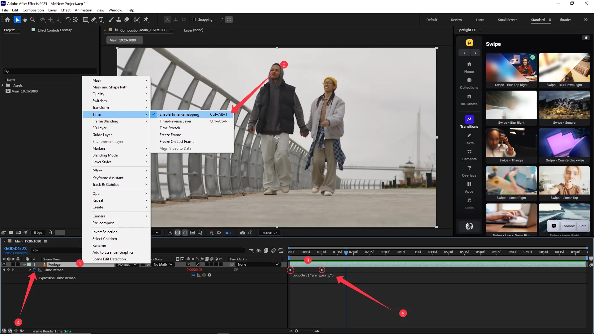 Timeline panel in Adobe After Effects with a video layer selected, Time Remapping enabled from the Layer menu, two keyframes set on the Time Remap property, and an expression "loopOut('pingpong')" applied.