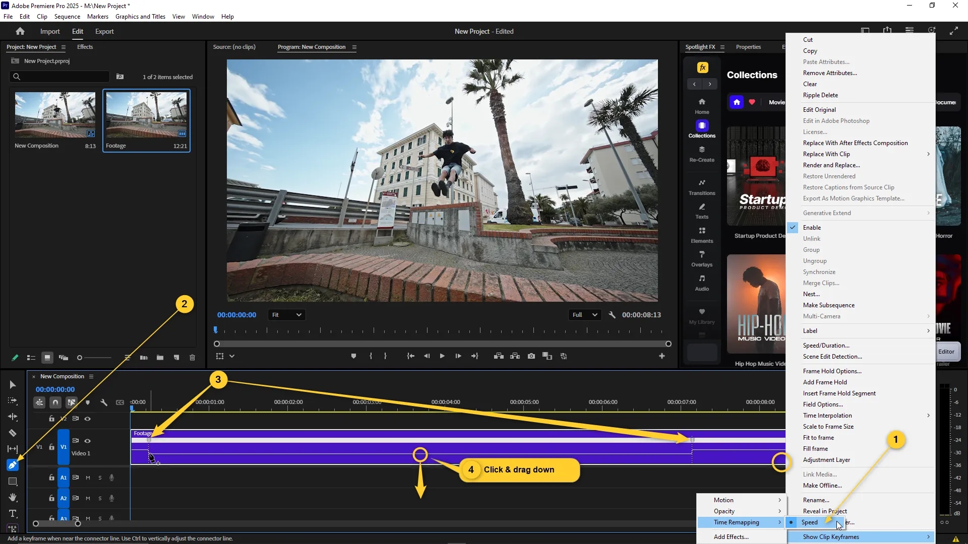 Timeline panel with a video clip selected, right-click menu expanded to Speed submenu with Time Remapping enabled, and rubber band handle being dragged down to reduce speed.
