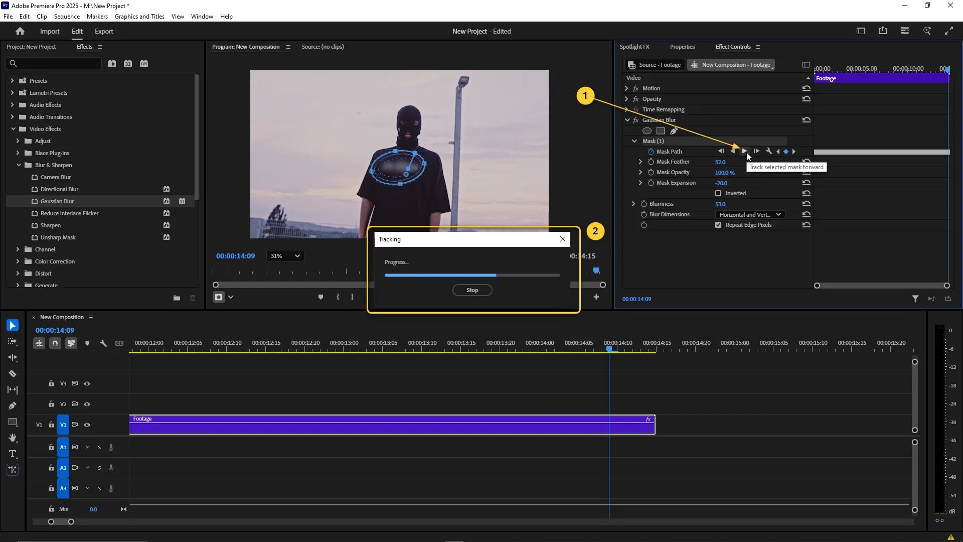 Mask tracking is in progress in the Effect Controls panel with the Gaussian Blur mask following a moving subject in the video preview.