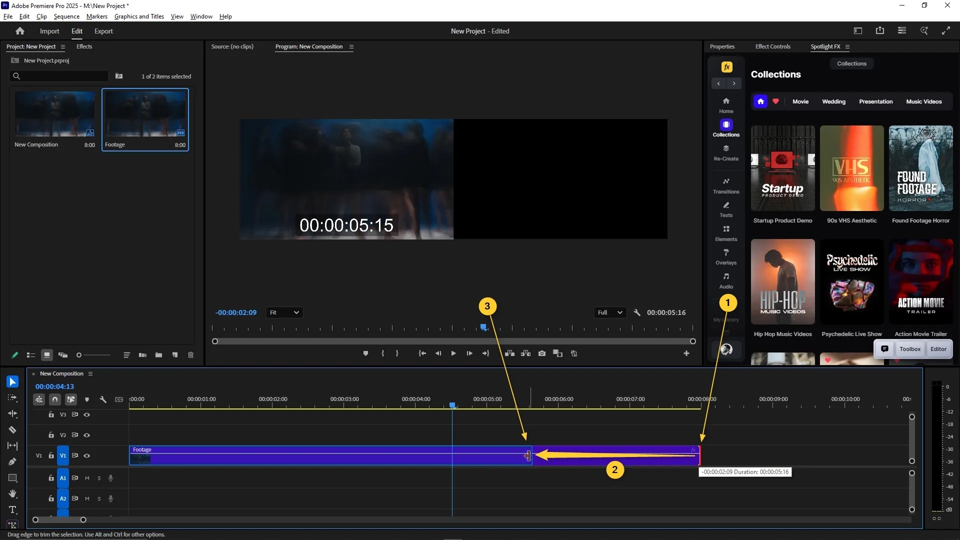 Selection Tool is used to trim the end of a video clip on the timeline by dragging its edge to the playhead position.