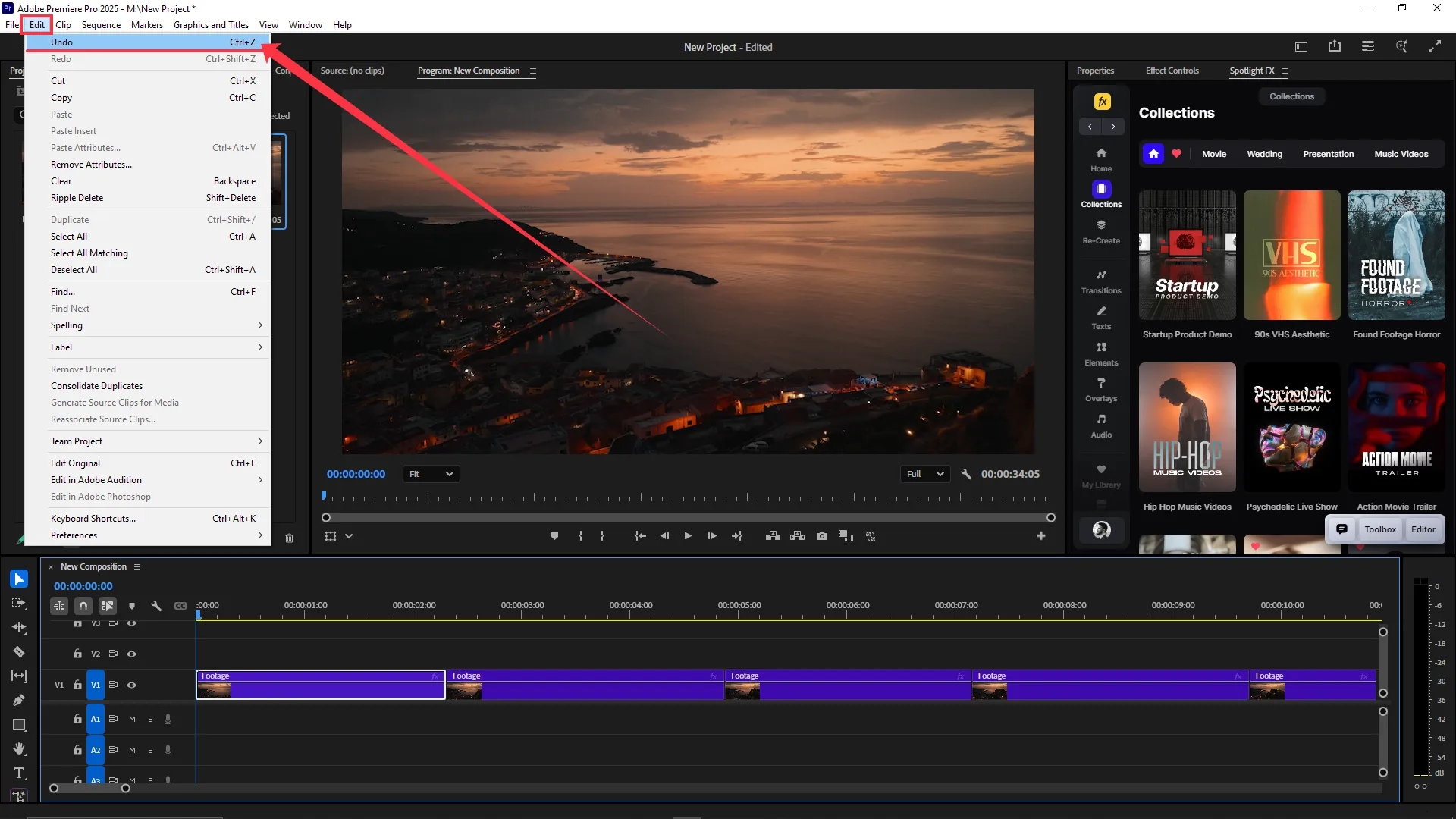 The Edit menu is open in Adobe Premiere Pro with the Undo option highlighted and a red arrow pointing to it; the timeline contains multiple video clips labeled "Footage" on track V1.