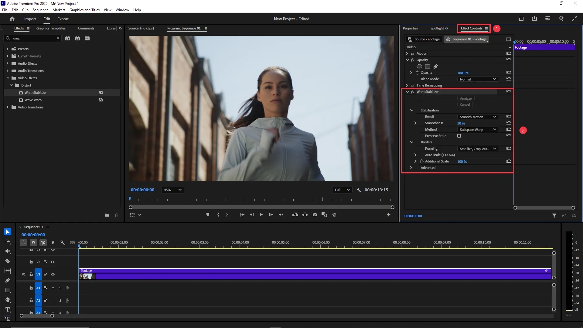 The Effect Controls panel is open showing Warp Stabilizer settings applied to a selected video clip, including options for Smoothness, Method, Framing, and Auto-scale.
