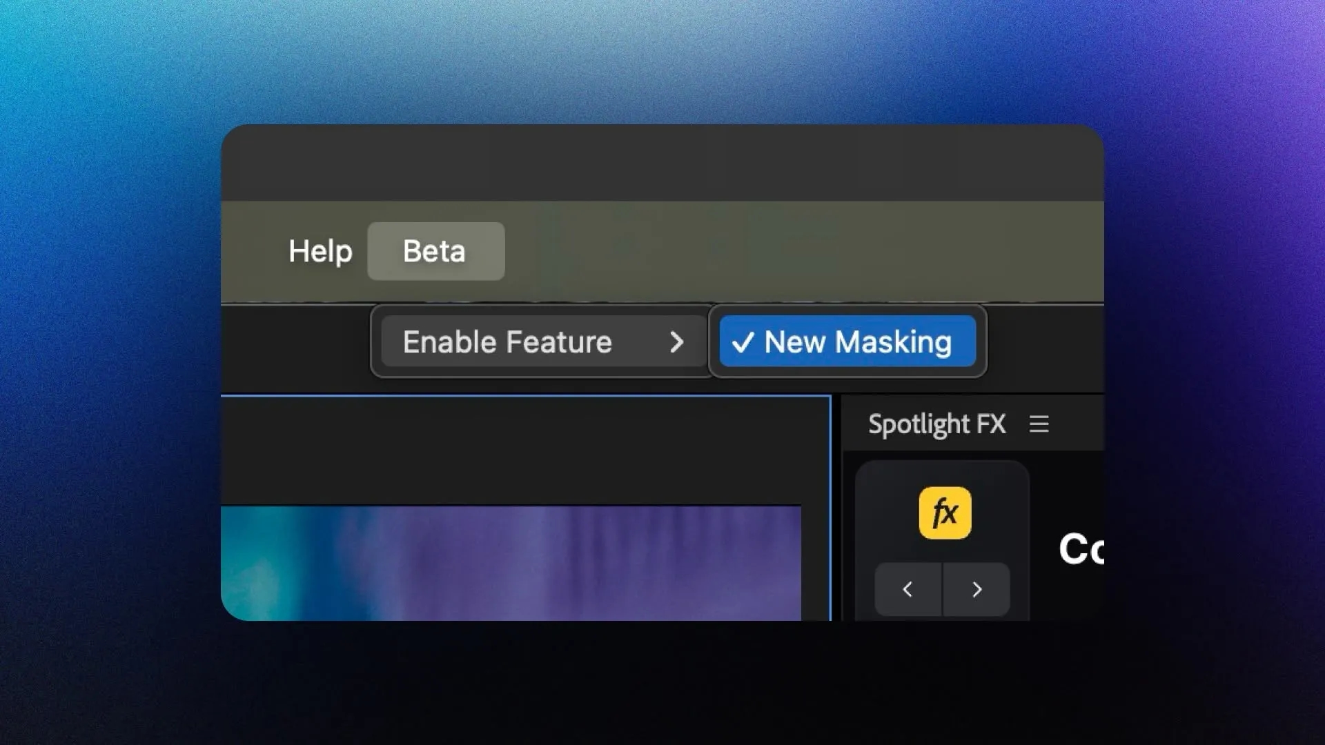 Premiere Pro Beta menu with Enable Feature showing the New Masking option.